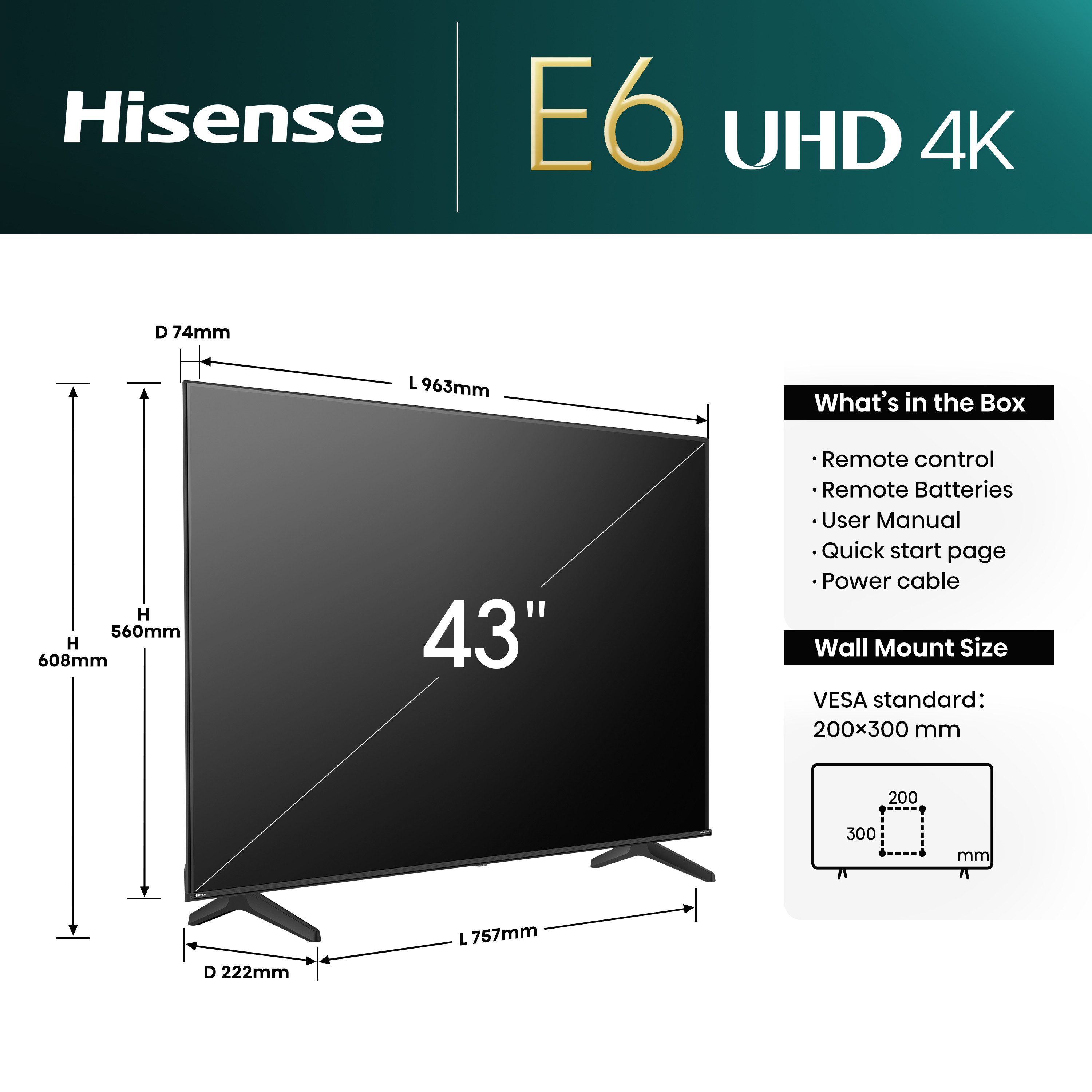 Hisense Led-TV 43E6NT, 108 cm / 43", 4K Ultra HD, Smart TV