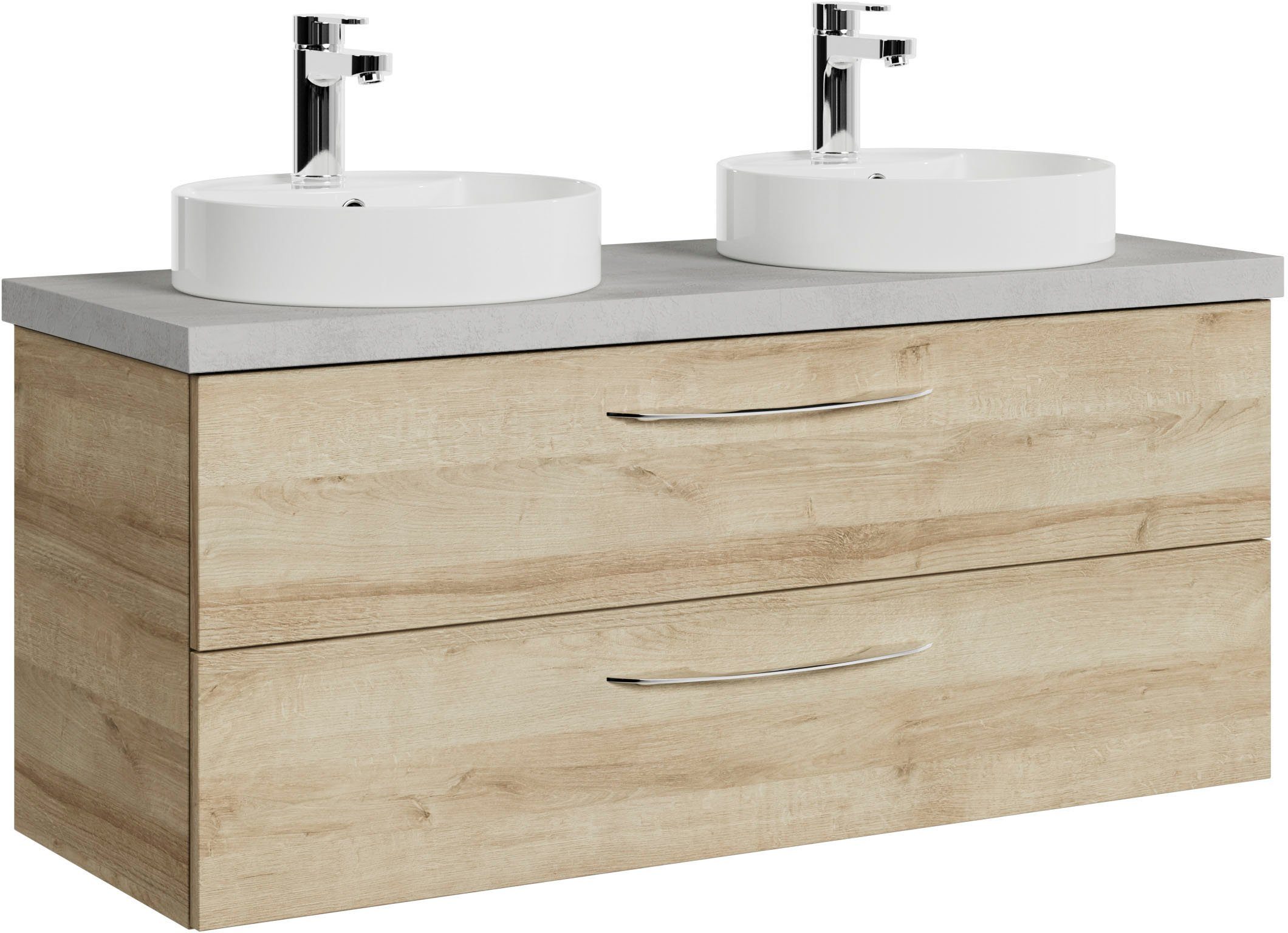 Saphir Wastafelonderkast Serie 4035 twee keramieken opzetwasbakenk met onderkast, 118 cm breed Wastafelmeubel, 2 laden, inclusief ladedempers, grepen glanzend chroom