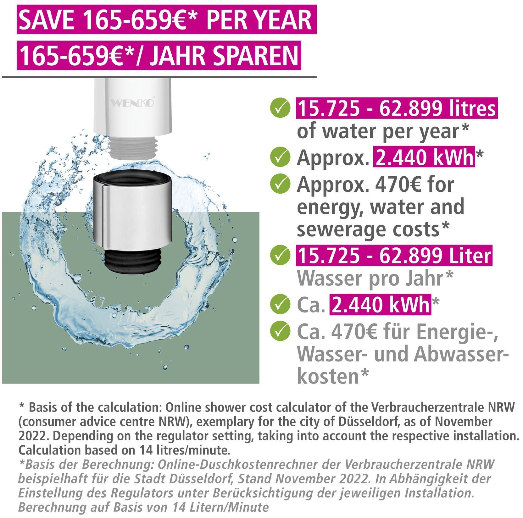 WENKO Douchesysteem Young Eco met thermostaatarmatuur, incl. 2 waterbesparende regelaars