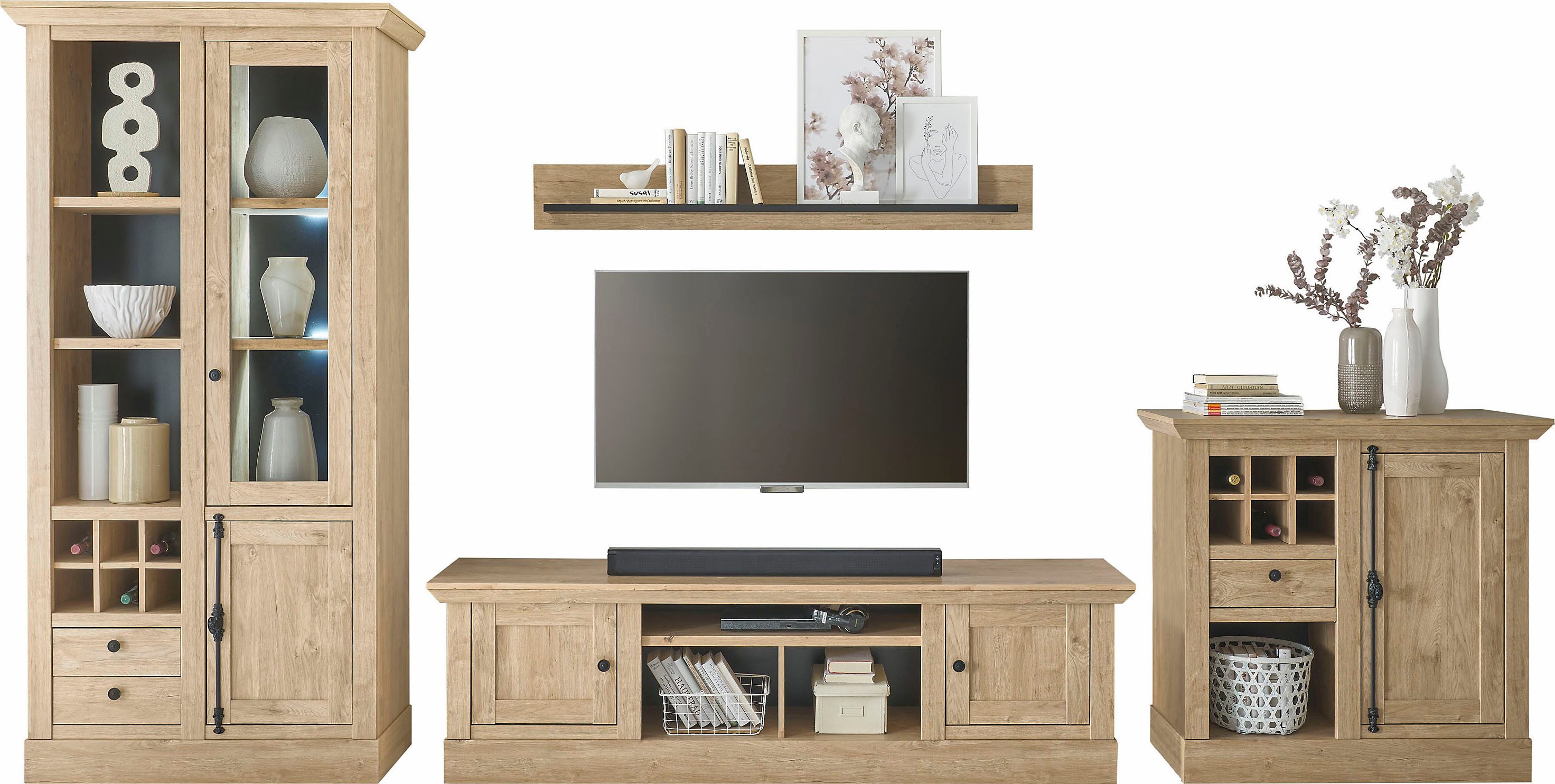 Home affaire Wandmeubel Cornwall, opbouwwand in landelijke stijl, woonkamer-set, eiken decor (set, 4-delig)