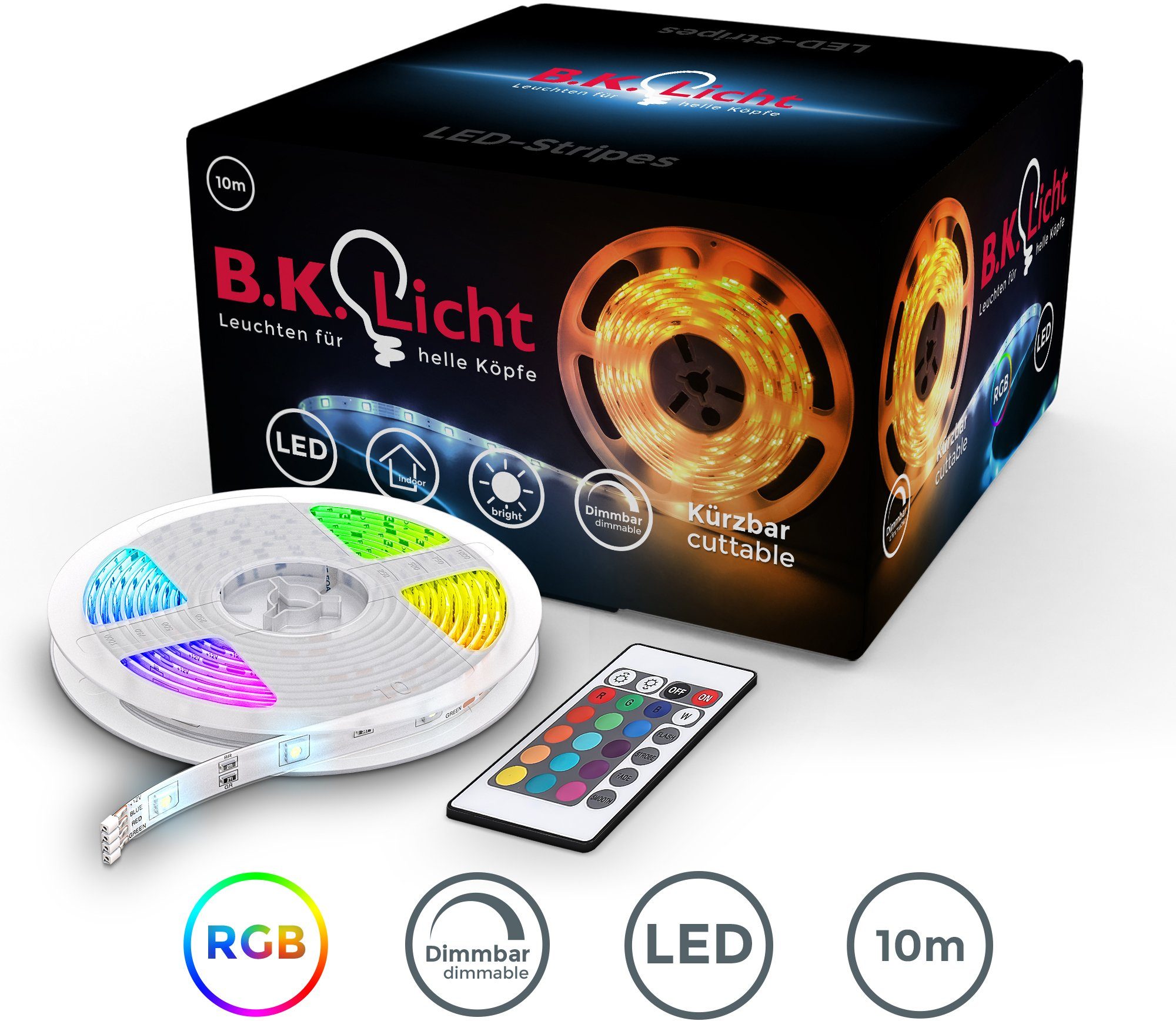 B.K.Licht Led-strepen Lucilla 10m led strip band dimbaar rgb met afstandsbediening