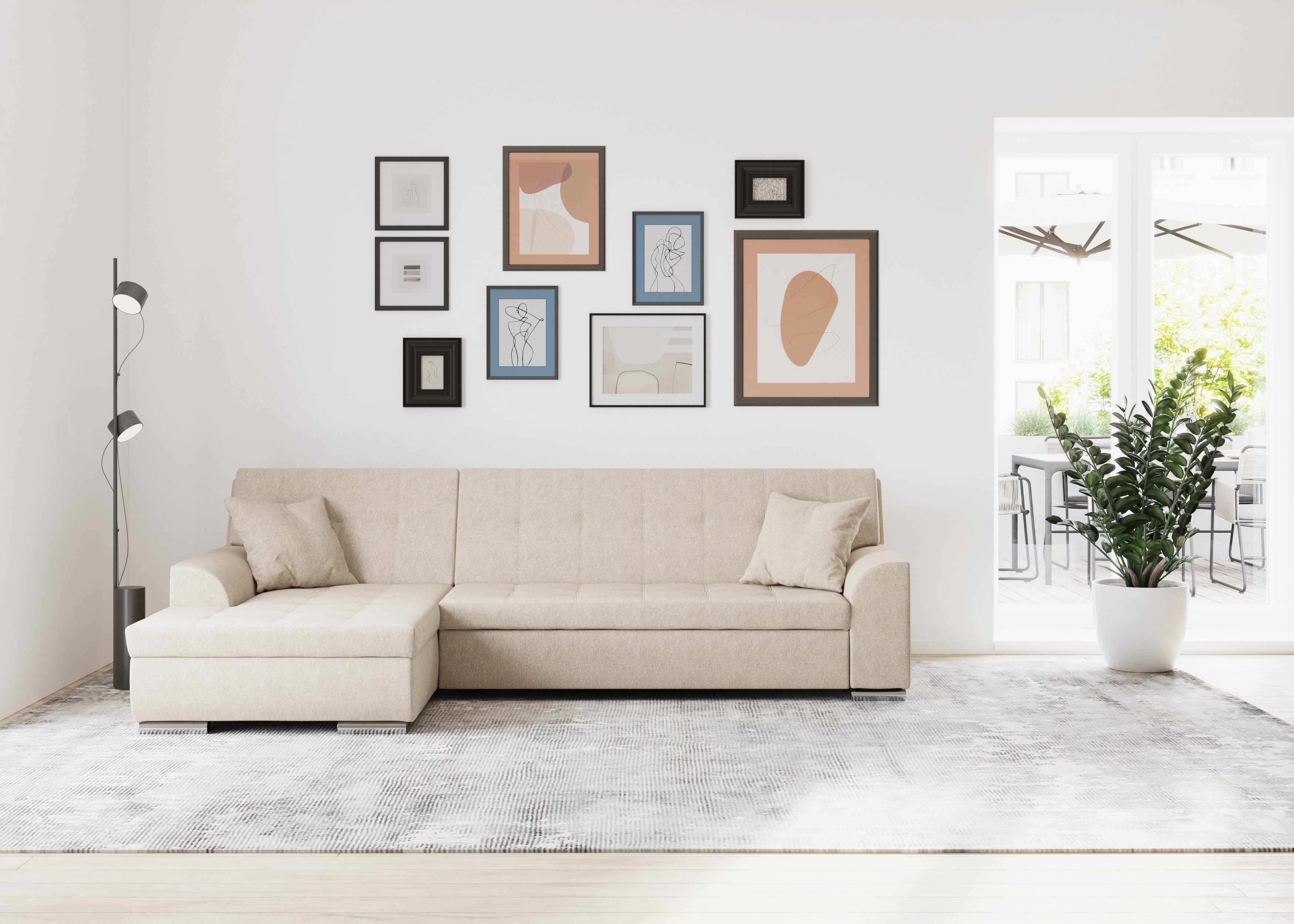DOMO collection Hoekbank Treviso veel bekledingen, ook in cord, L-vorm, B/D/H: 267/80/83 cm optioneel met slaapbank functie, incl. sierkussens, hoogwaardig doorgestikt patroon