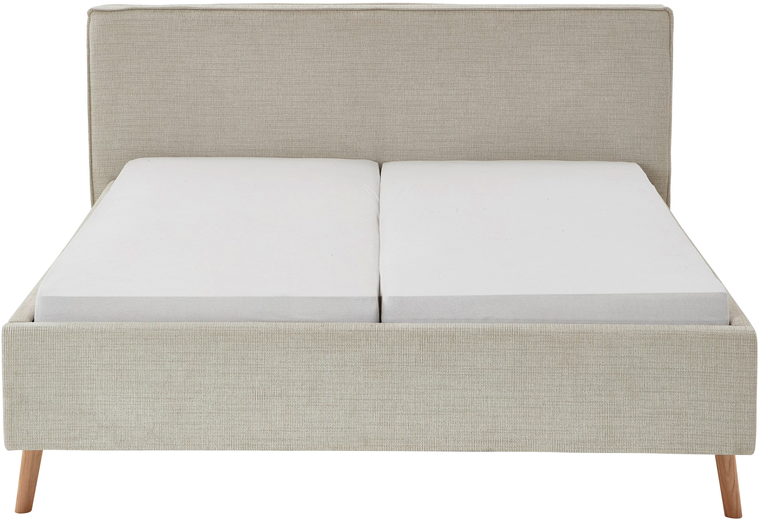 meise.möbel Gestoffeerd bed Riva met eikenkleurige houten poten, naar keuze met bedkist en lattenbodem