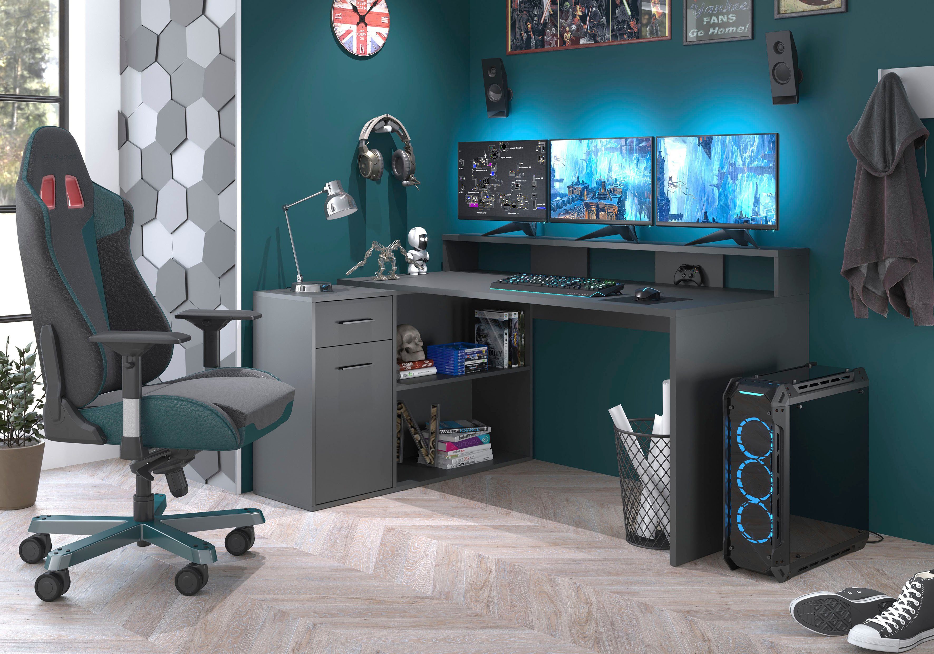 INOSIGN Bureau CHESTER Gamingtafel met lowboard - werktafel afmetingen (B/D/H) 160/115/92 cm (2 stuks)