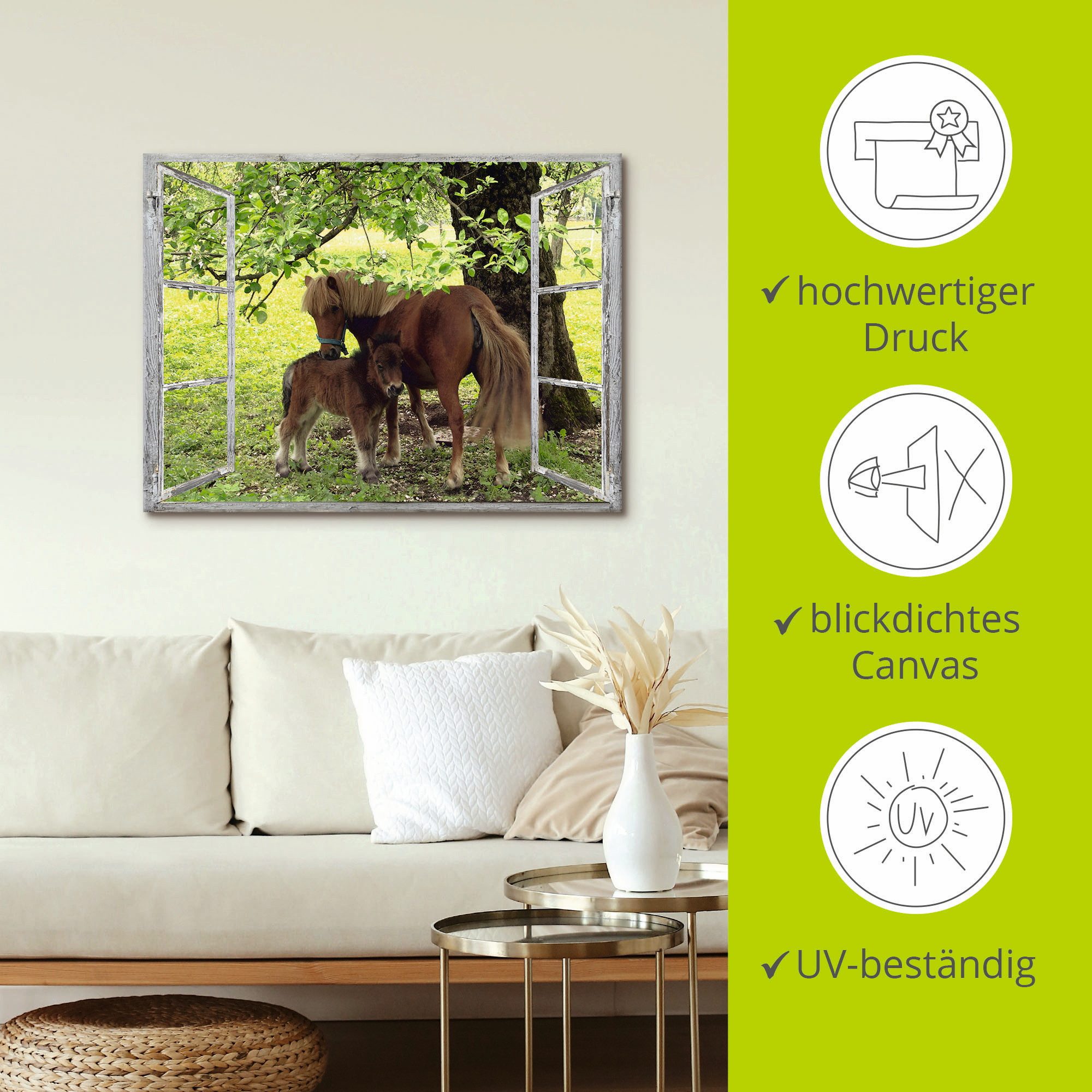 Artland Artprint Blik uit het venster - pony met kind als artprint op linnen, poster, muursticker in verschillende maten