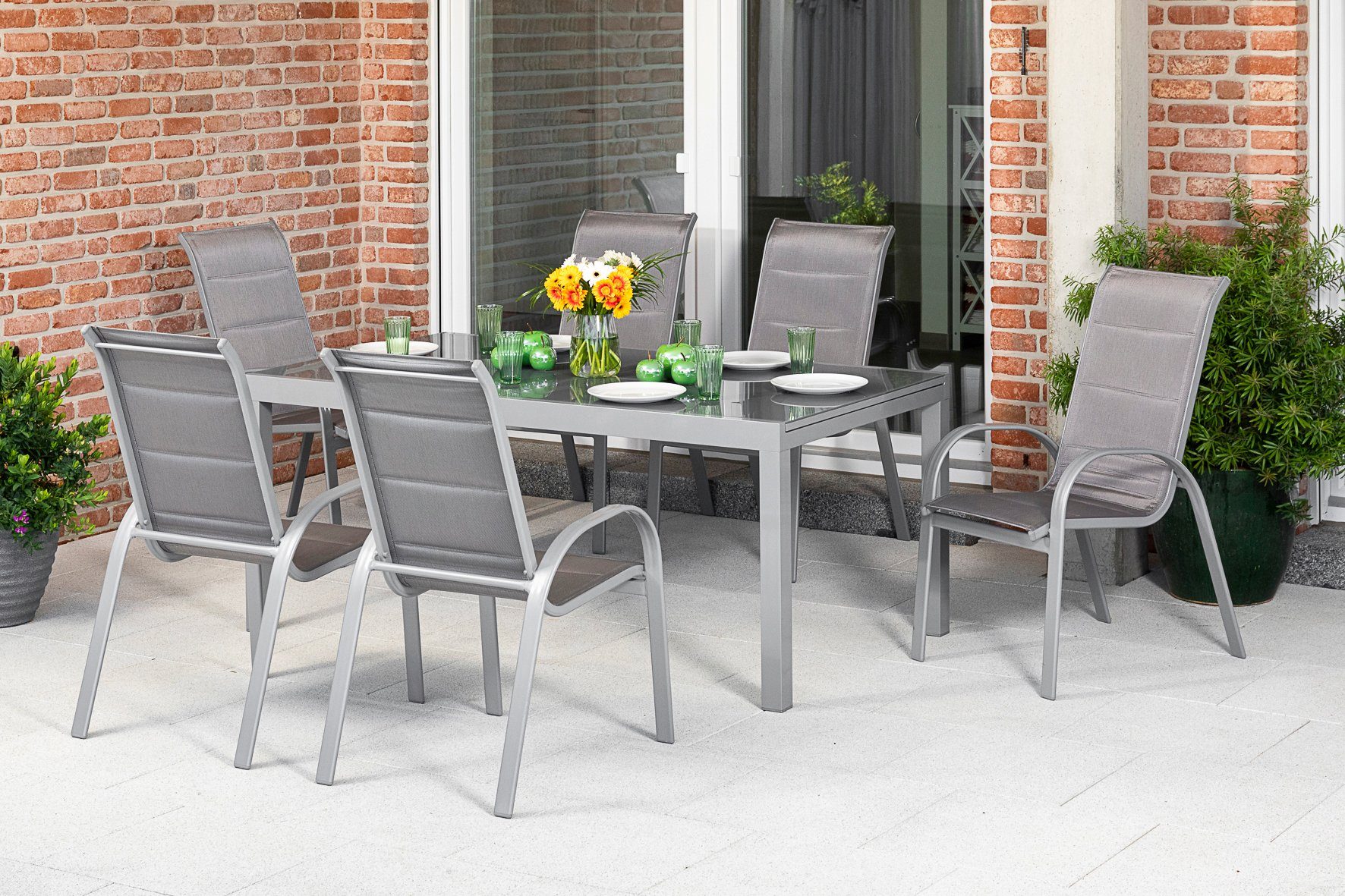 MERXX Tuin-eethoek Amalfi di lusso 6 stapelstoelen, stoel met een hoge rugleuning, met uittrekbare tafel (7-delig)