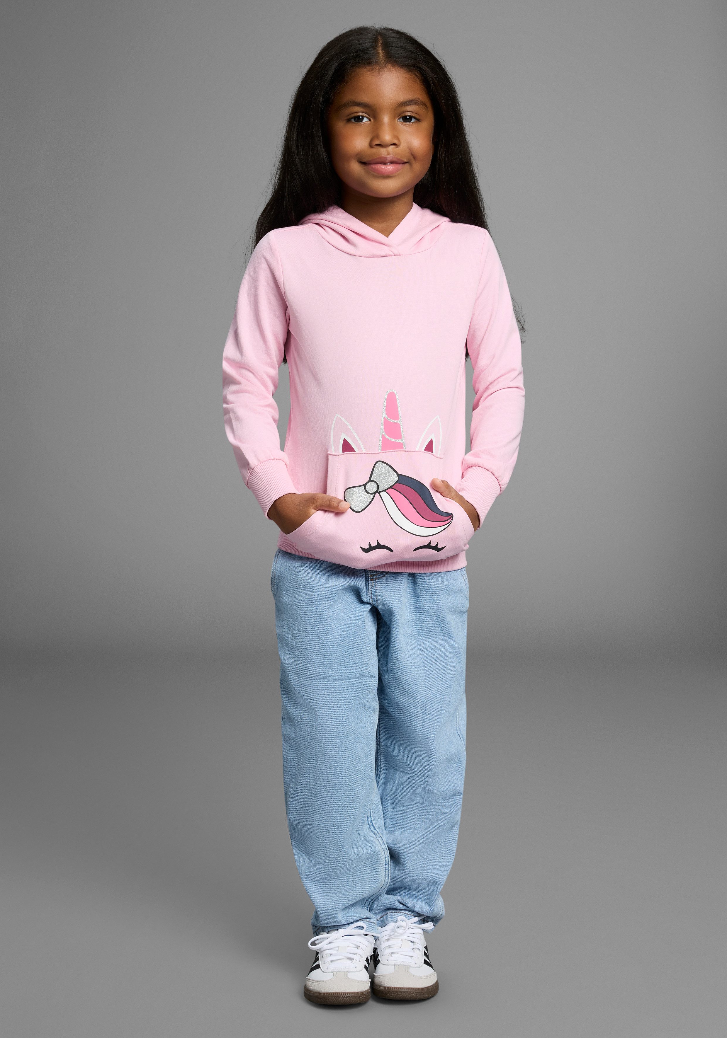 KIDSWORLD Hoodie Long sweatshirt with cute unicorn Lange mouwen, basic pasvorm, bedrukt, met capuchon, van katoen