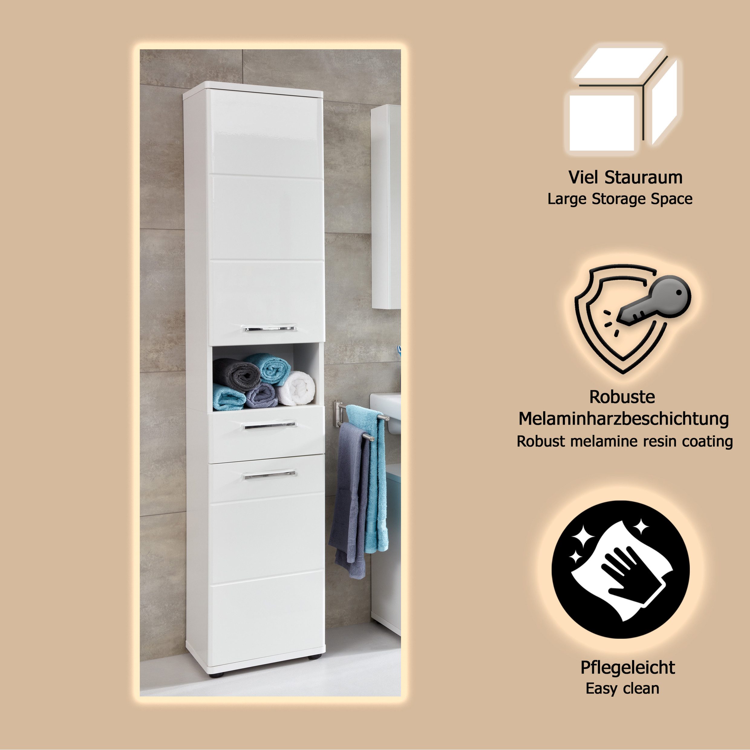welltime Hoge kast Mora Witte badkamerkast met lade en 2 deuren - (B/D/H) 37/34/189 cm