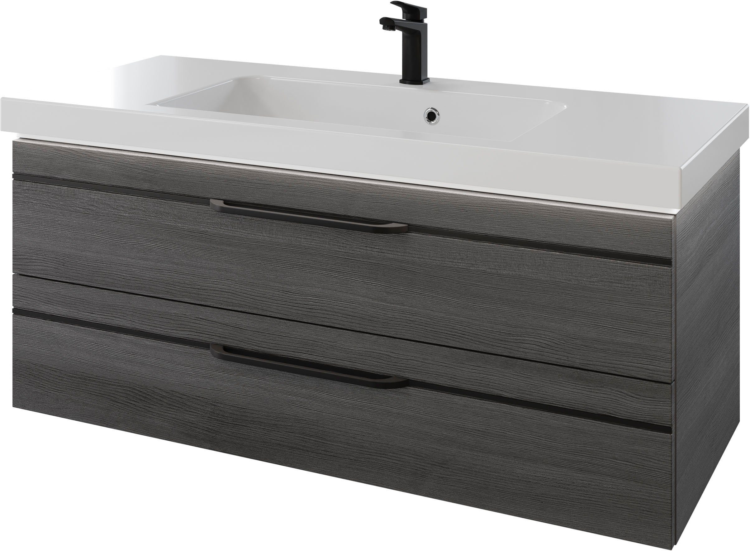 Saphir Wastafelonderkast Serie Balto mineraalmarmeren wastafel met onderkast, 123 cm breed Wastafelmeubel met 2 laden, badkamerkast in verschillende