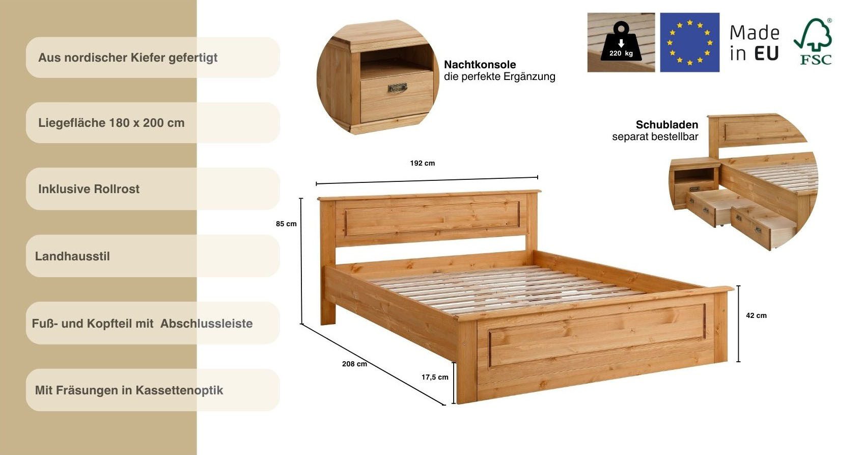Home affaire Massief houten ledikant Madrid, landelijke stijl, hoge belasting! van fsc®-gecertificeerd grenen, inclusief lattenbodem, cassette-look