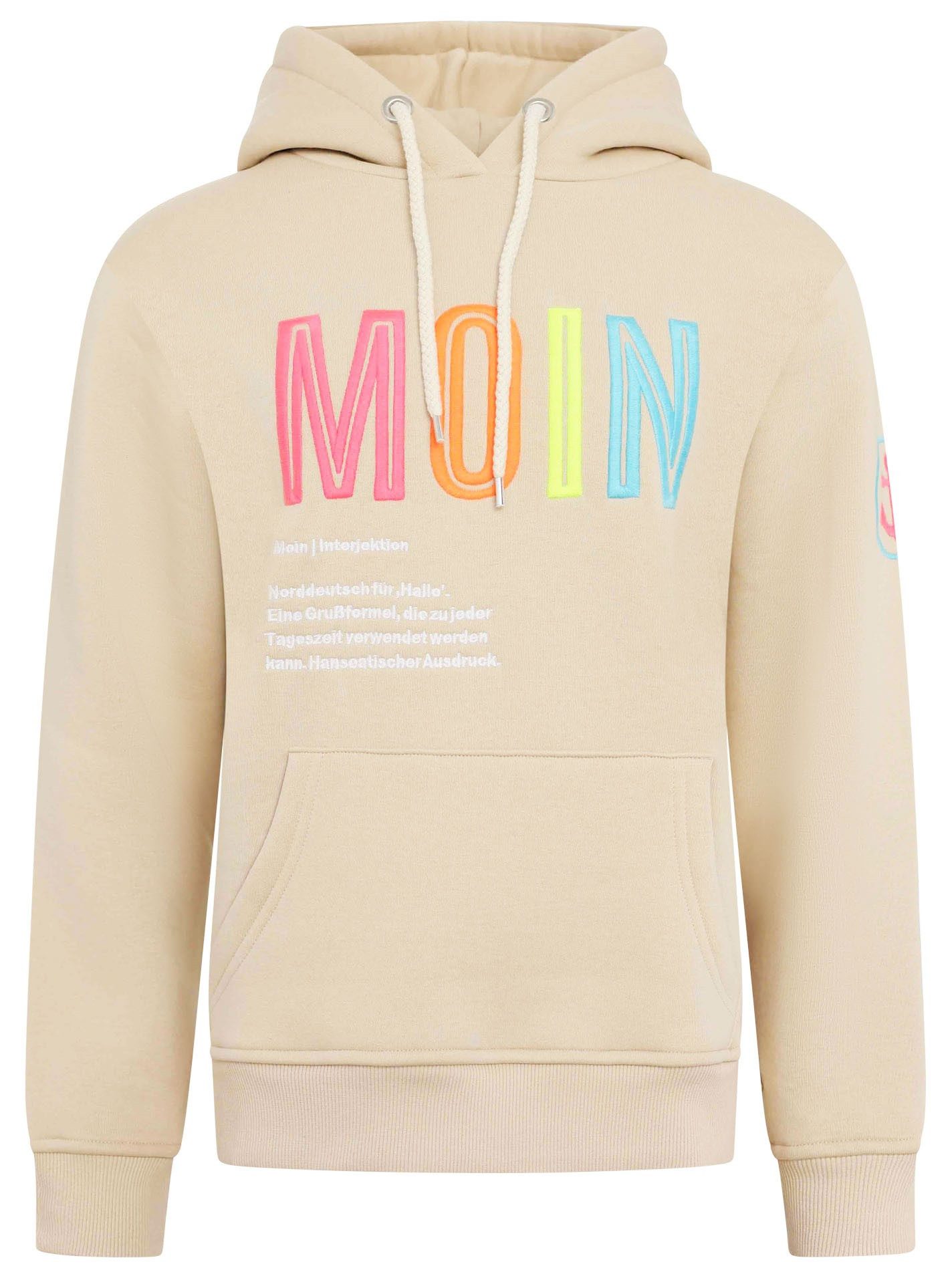 Zwillingsherz Sweatshirt met geborduurd "moin"-schrift in neonkleuren