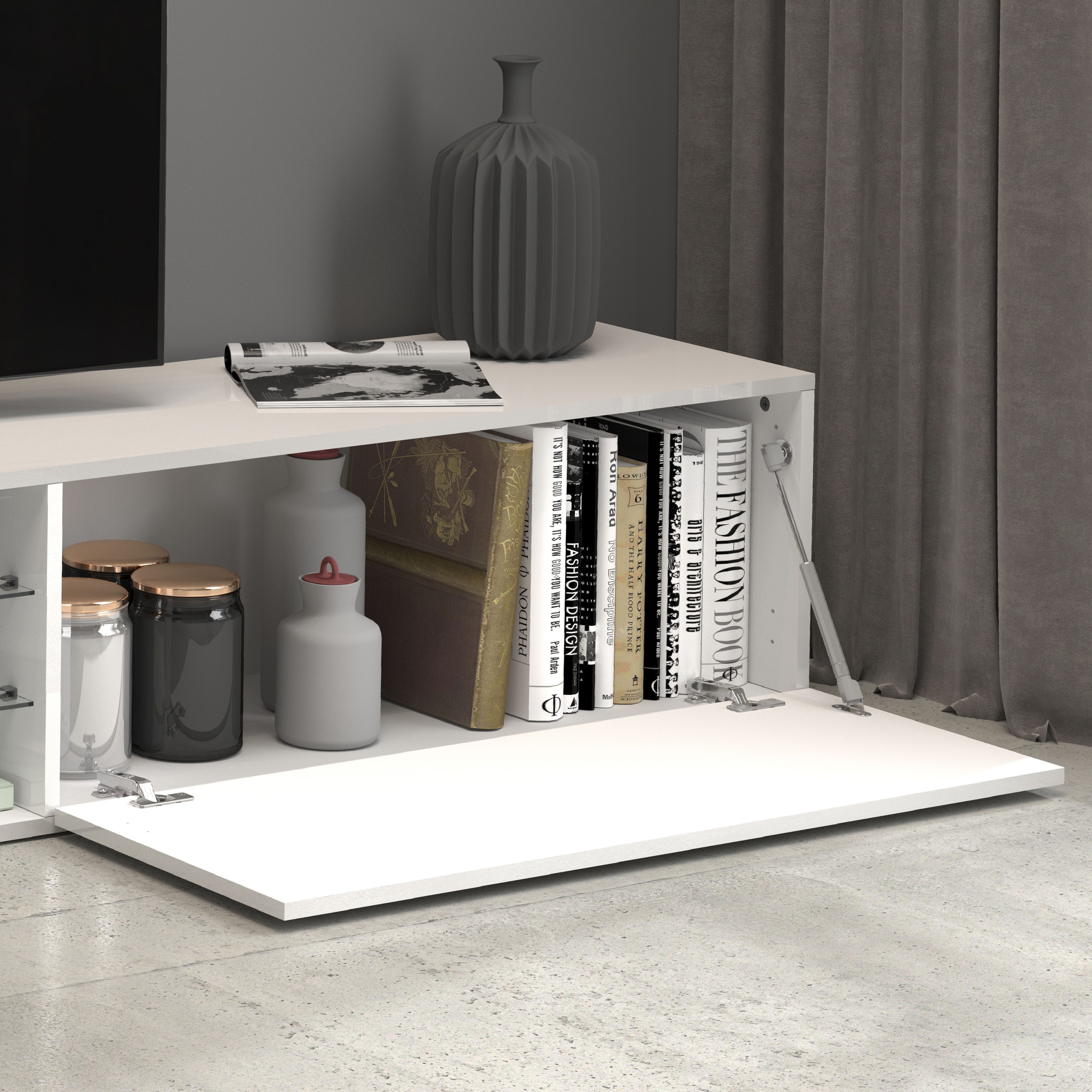 INOSIGN Tv-meubel Egypt, Lowboard, TV-ladekast, TV-meubel, TV-bank met 2 kleppen, 2 glazen planken, volledig hoogglans gelakt (b/d/h) 240x38x35 cm