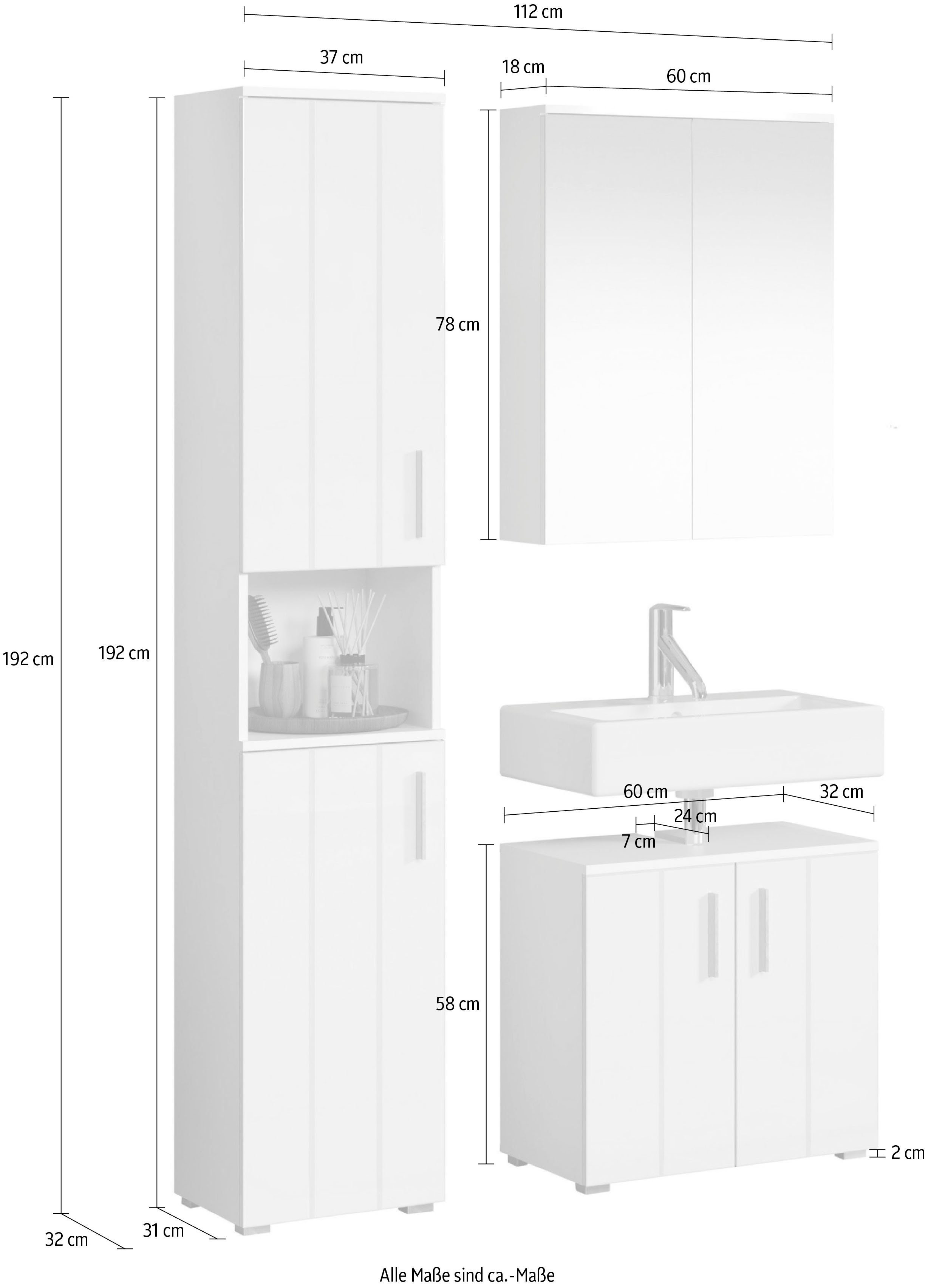 welltime Badkamerset Praag Hoge kast, wastafel en spiegelkast met verticale frezingen (set, 3 stuks)
