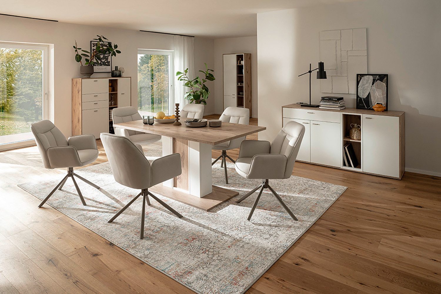 MCA furniture Kolom eettafel SANTERNO eettafel met voetplaat Tafel, soft white/viking eik, met zuil, belastbaar 50kg, breedte 160 cm