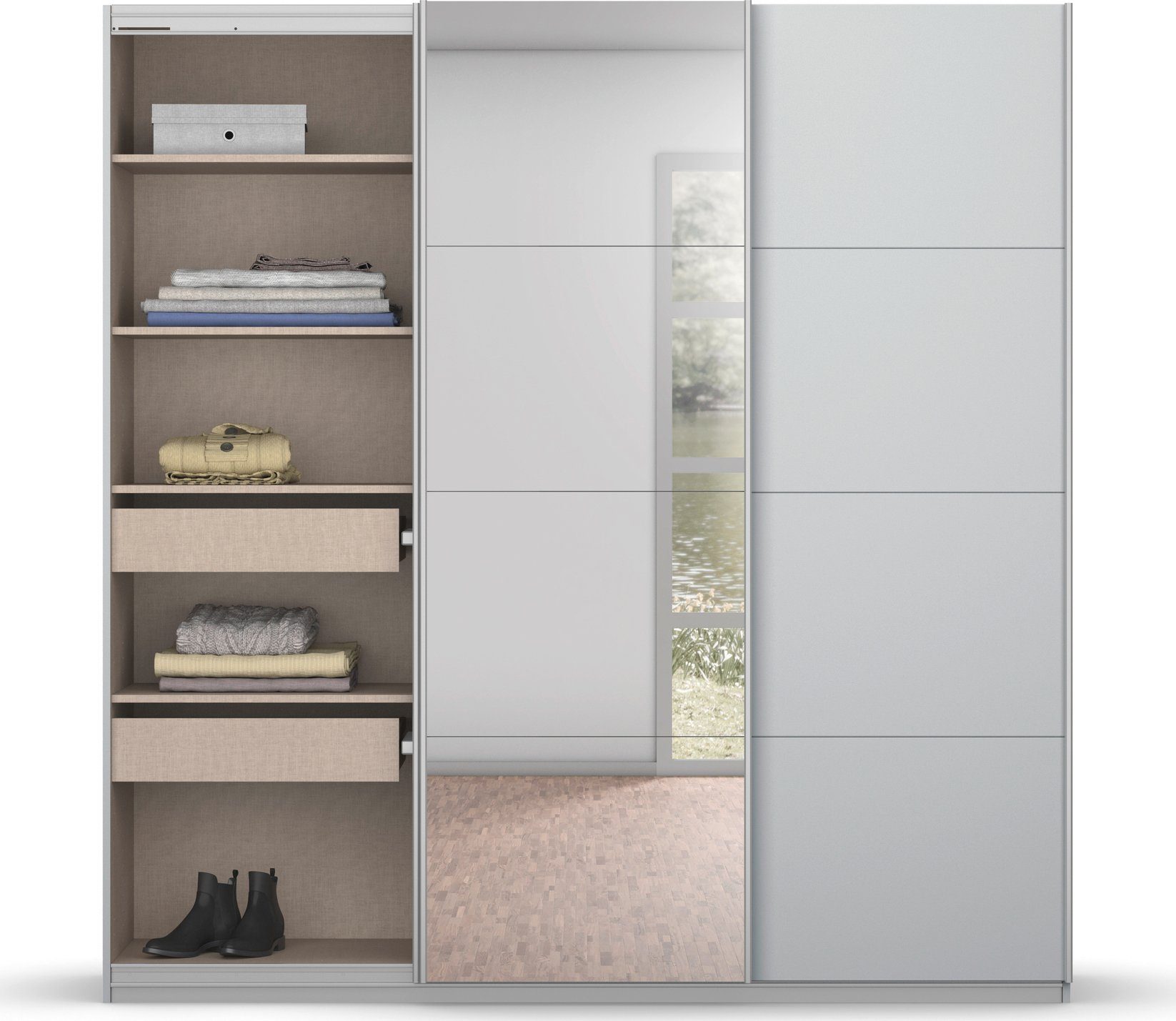 rauch Zweefdeurkast Kledingkast kast garderobe BESTSELLER KOLUNA met spiegel inclusief 2 binnenladen en extra legplanken made in germany