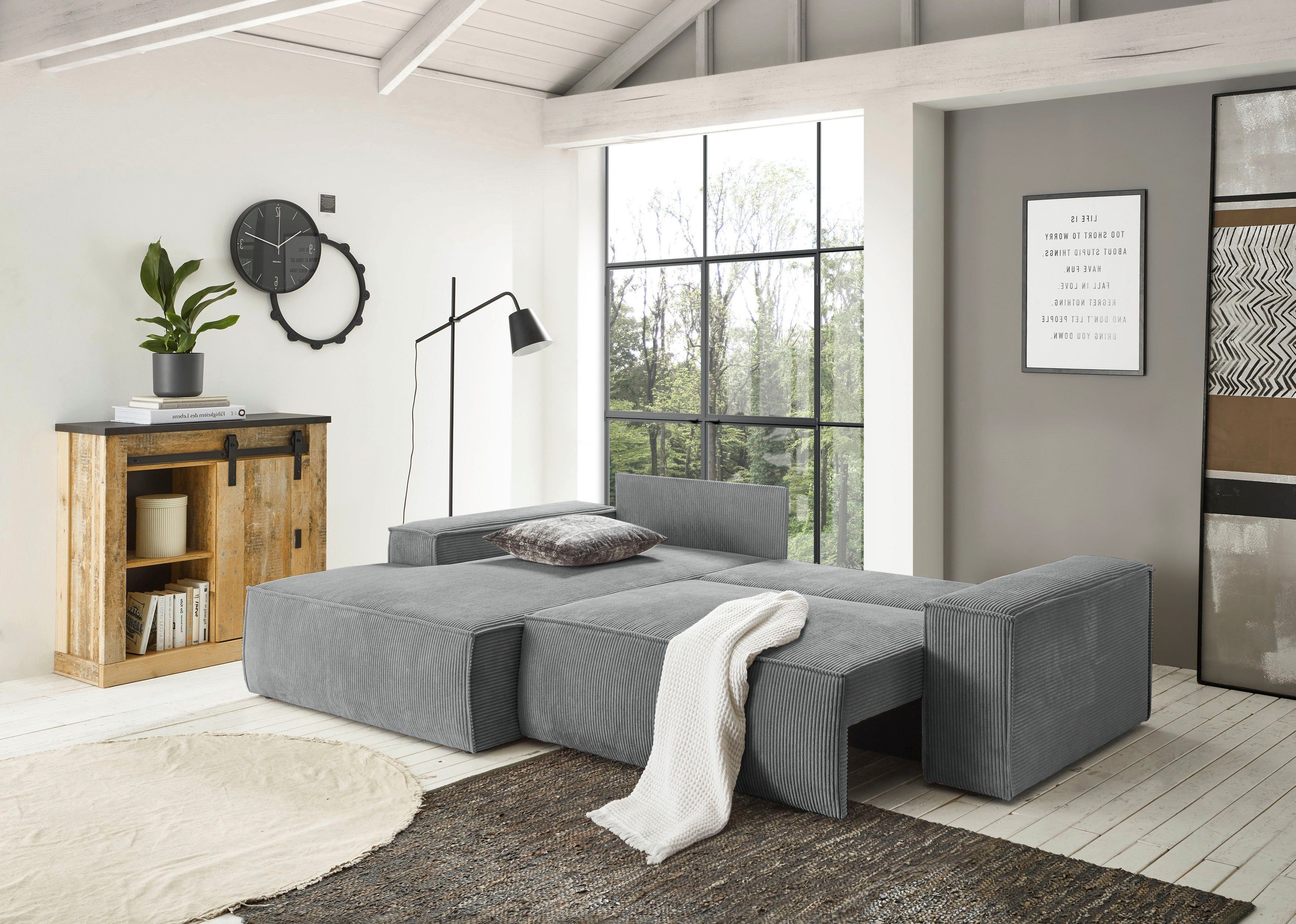 Home affaire Hoekbank SHERWOOD bedbank 267 cm, L-model, Slaapfunctie met bedlade (210x136 cm), cord, vintage, fluweel