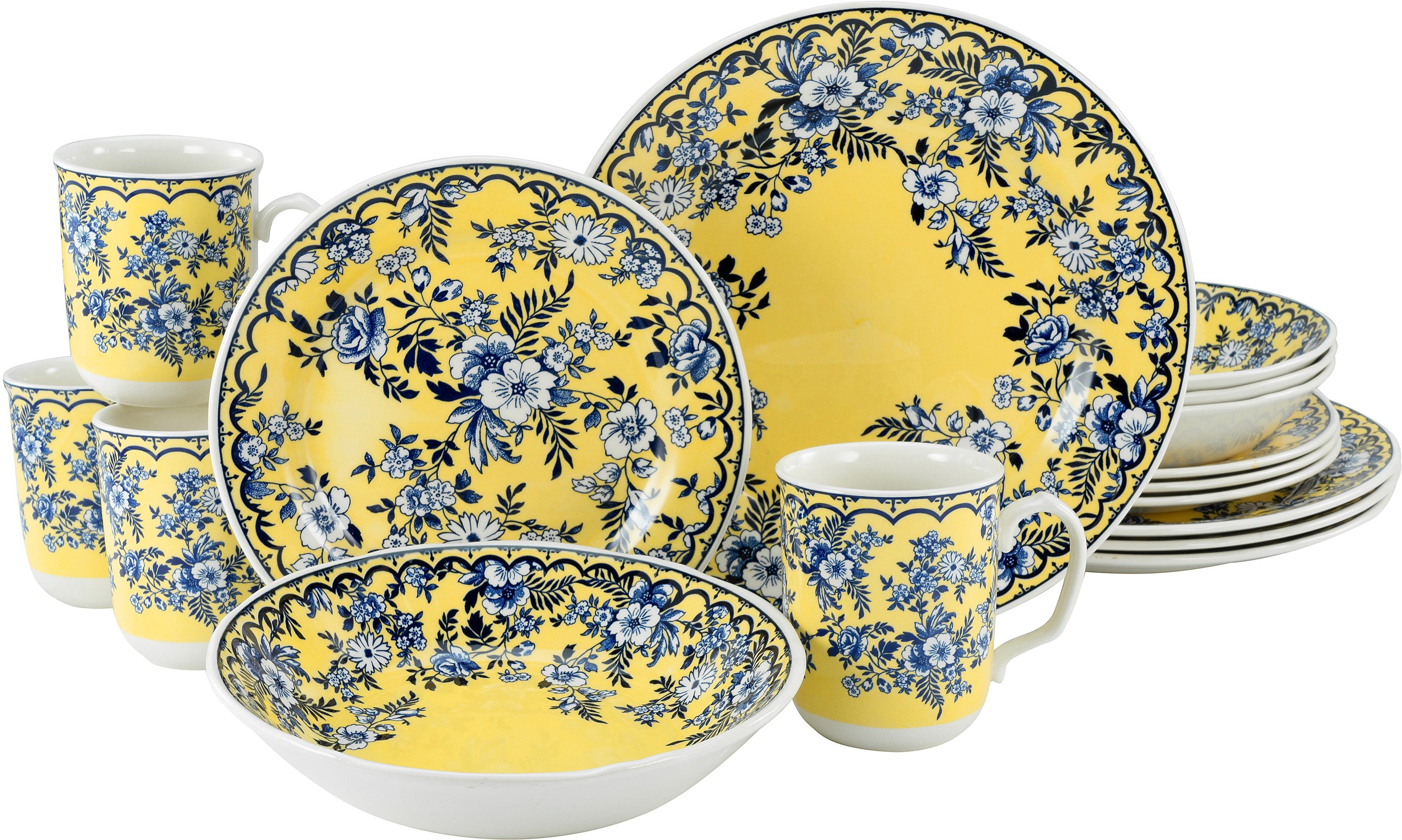 CreaTable Combi-servies Servies-set Ming Flower Servies, traditionele, Aziatische motieven, 16 delen, voor 4 personen (set, 16-delig)