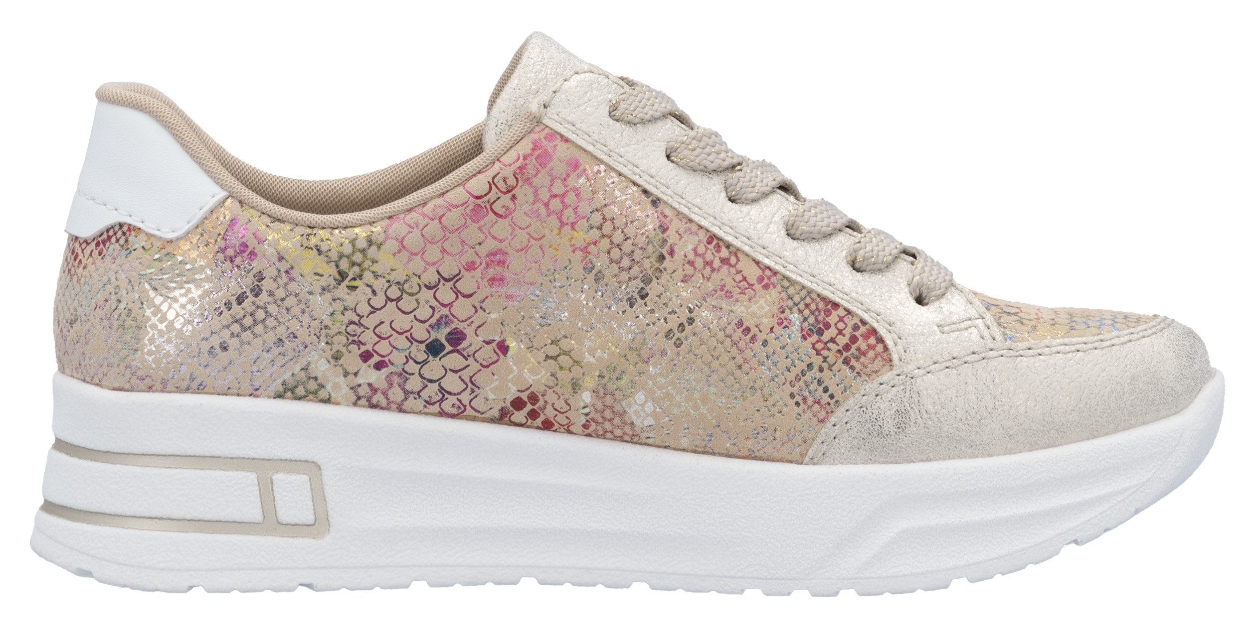 Rieker Plateausneakers , vrijetijdsschoen, veterschoen, lage schoen met subtiele goudkleurige glans