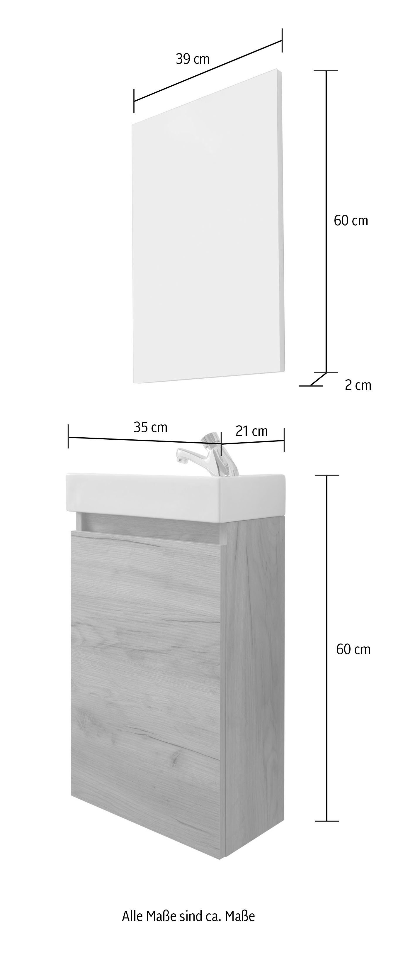 welltime Badkamerserie Oslo 2-delig, badkamerkast gastentoilet wastafelmeubel set Wastafelonderkast met wasbak en spiegel breedte 40 cm, gastenwastafel (complete set, 3 stuks)