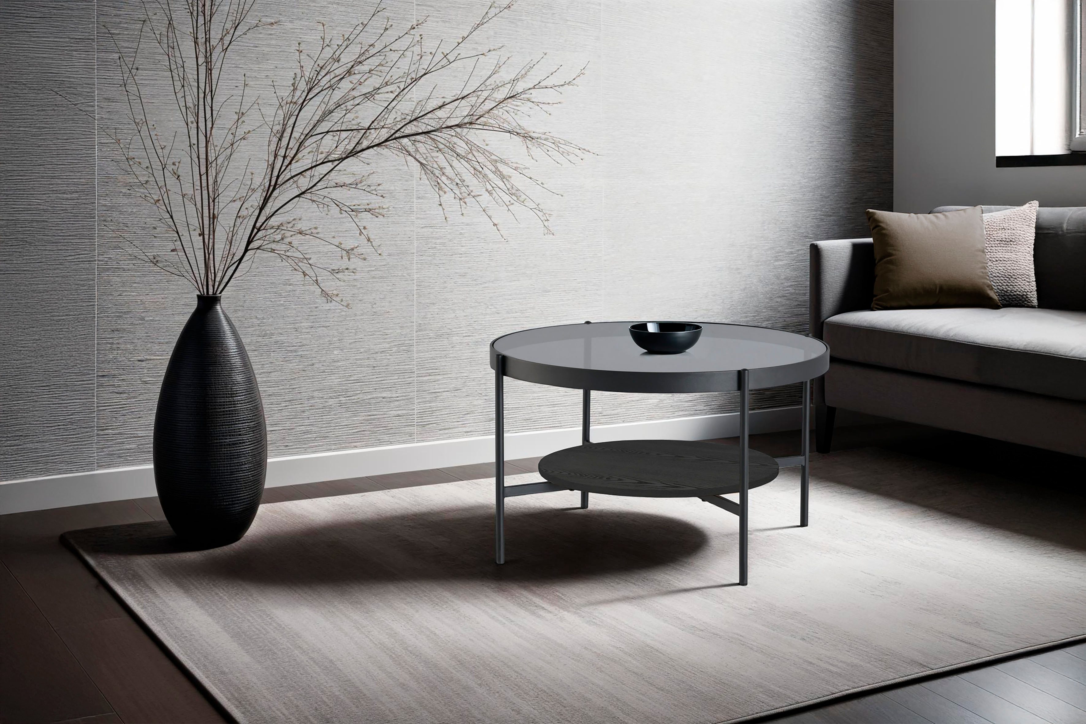 byLIVING Salontafel Ohio met rookglas, plank van echt houtfineer, rond, d 73,5 / h 42,5 cm