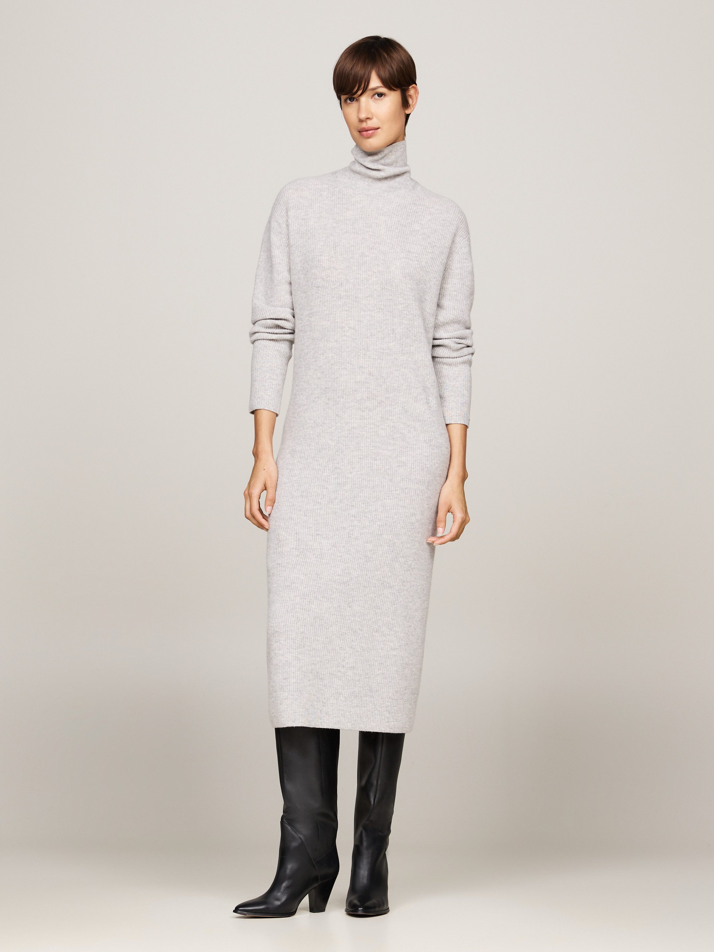 Tommy Hilfiger Gebreide jurk WOOL CASH ROLL-NK LONG DRESS met logo-borduursel, in riblook