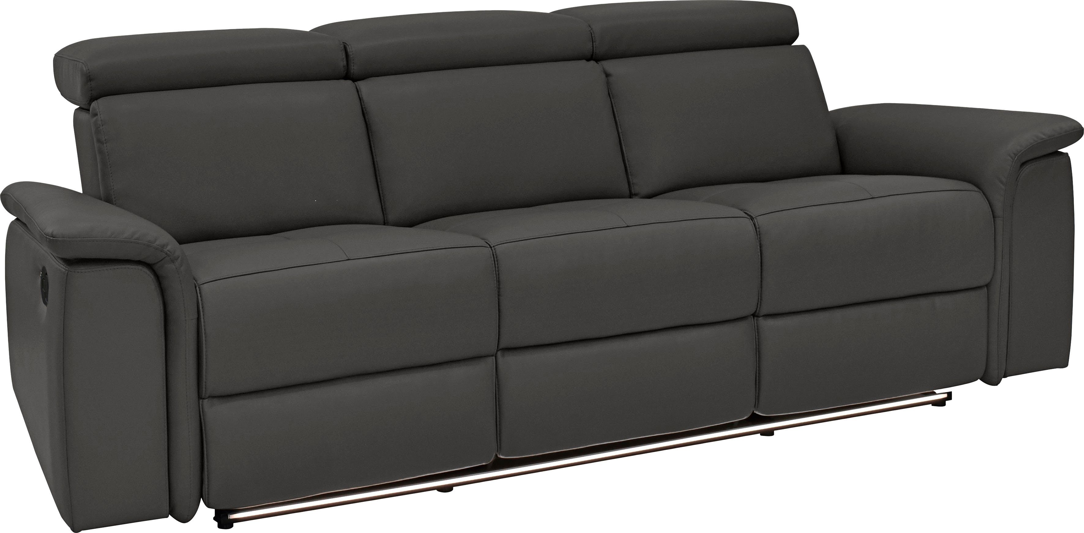 Places of Style 3-zitsbank Pareli 229 cm, handmatige en elektrische relaxfunctie in 2 zits USB, verstelbare hoofdsteun, LED-verlichting, in echt leer, kunstleer, geweven stof