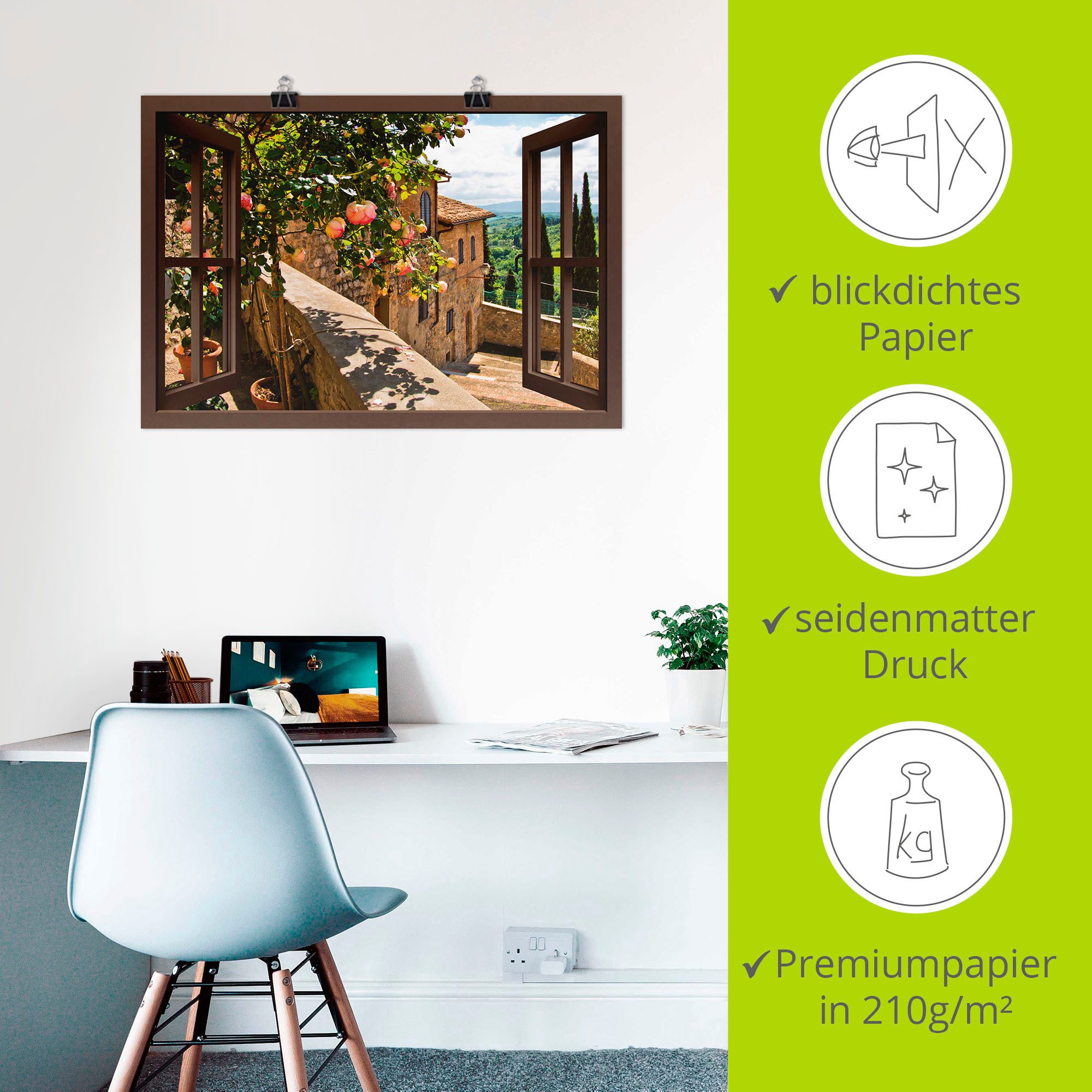 Artland Artprint Blik uit het venster rozen op balkon Toscane als artprint van aluminium, artprint voor buiten, artprint op linnen, poster, muursticker