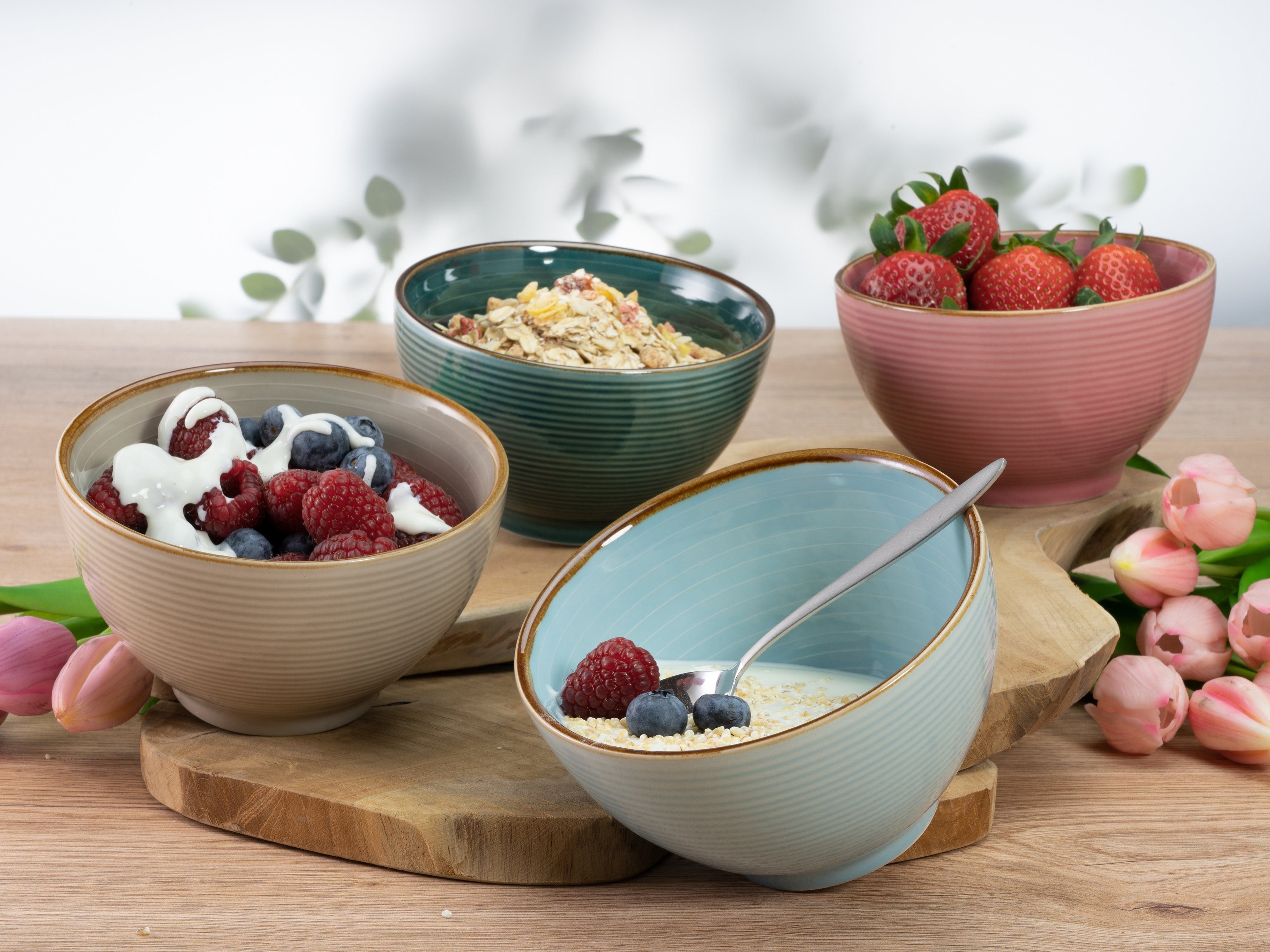 CreaTable Ontbijtserviesset Service, Cosy Morning (bord, schaal, koffie beker) Cirkelstructuur, in pastelkleuren, 12 delen, voor 4 personen (set, 12-delig)