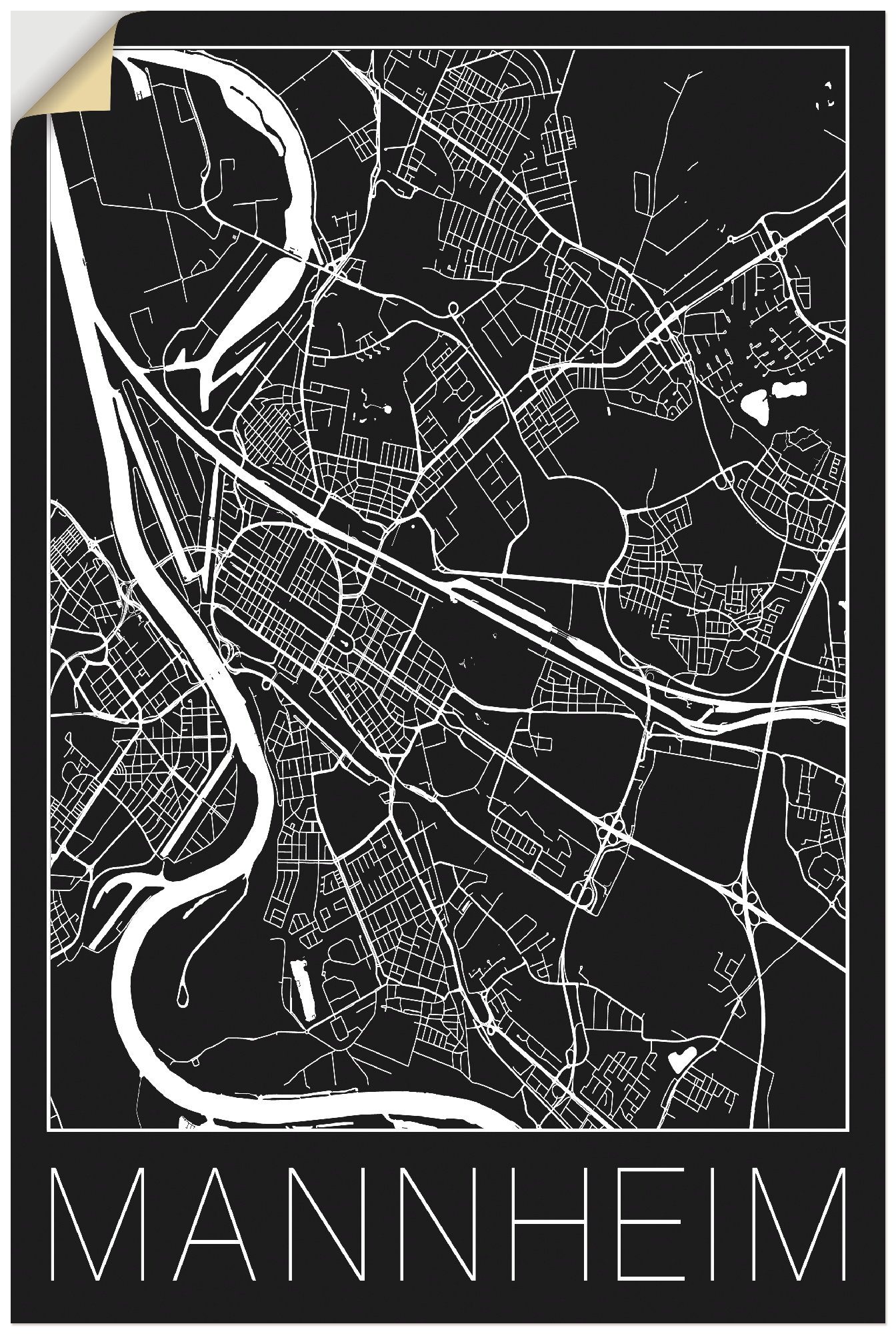 Artland Artprint Retro kaart Mannheim Duitsland zwart in vele afmetingen & productsoorten - artprint van aluminium / artprint voor buiten, artprint op linnen, poster, muursticker /