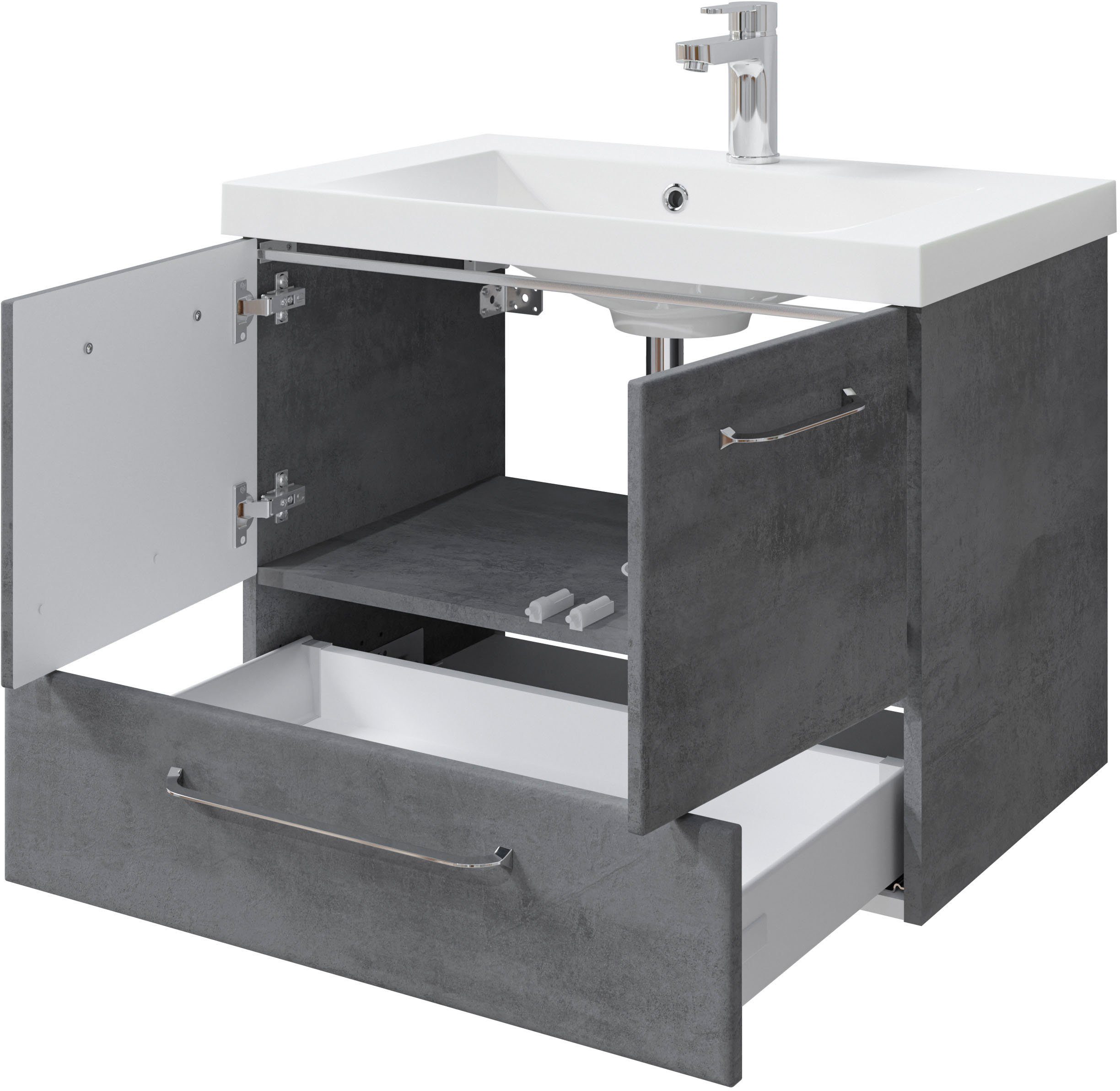 Saphir Badkamerserie Quickset 945 mineraalmarmeren wastafel met onderkast, 74 cm breed Wastafelmeubel, 2 deuren, 1 lade, inclusief deurdemper, wastafelonderkast set (1 stuk)