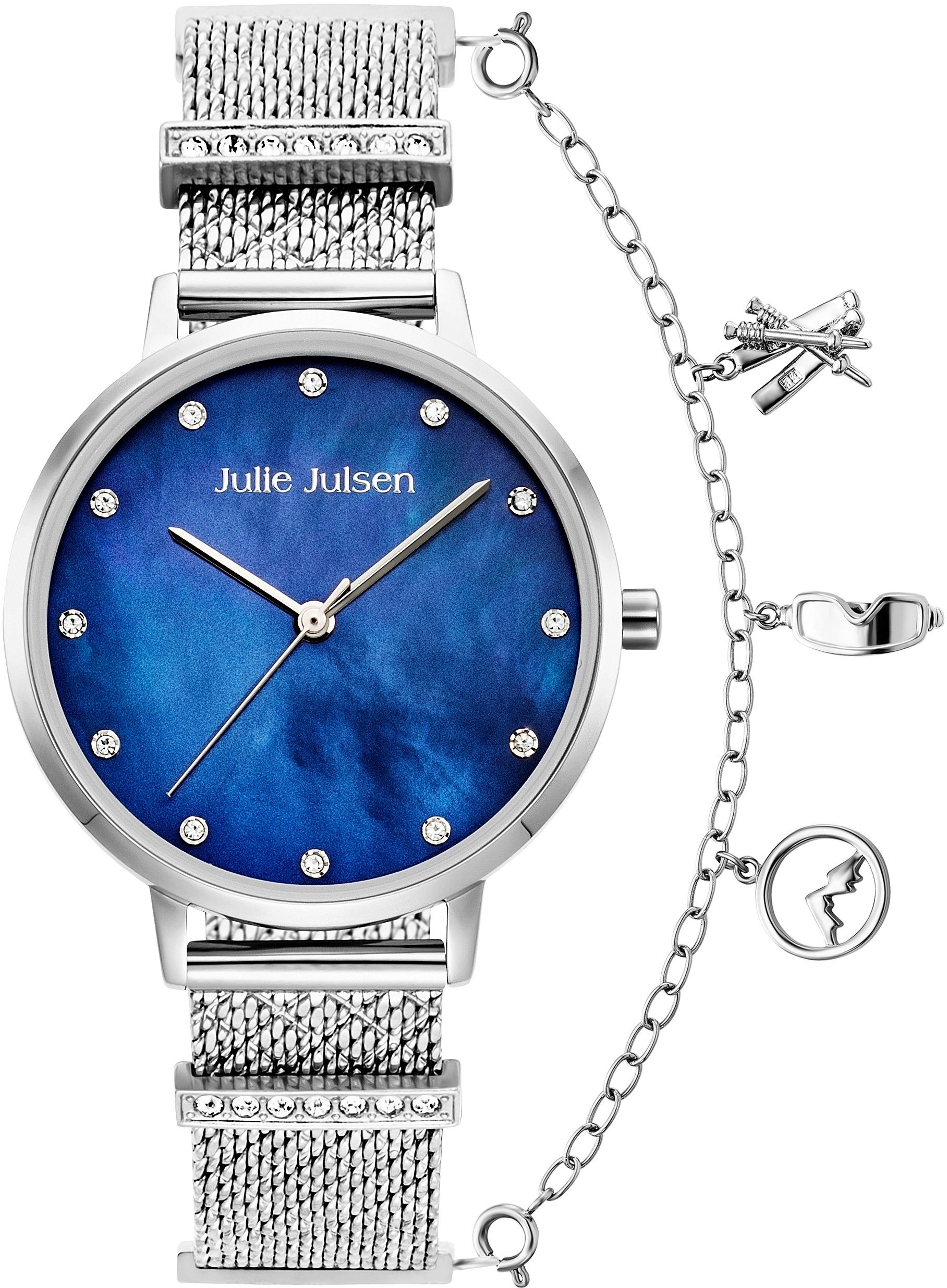 Julie Julsen Kwartshorloge CHARMING SILVER BLUE, JJW1231SME-34-2 Polshorloge, dameshorloge, charm horloge, zirkonia, PVD-gecoat