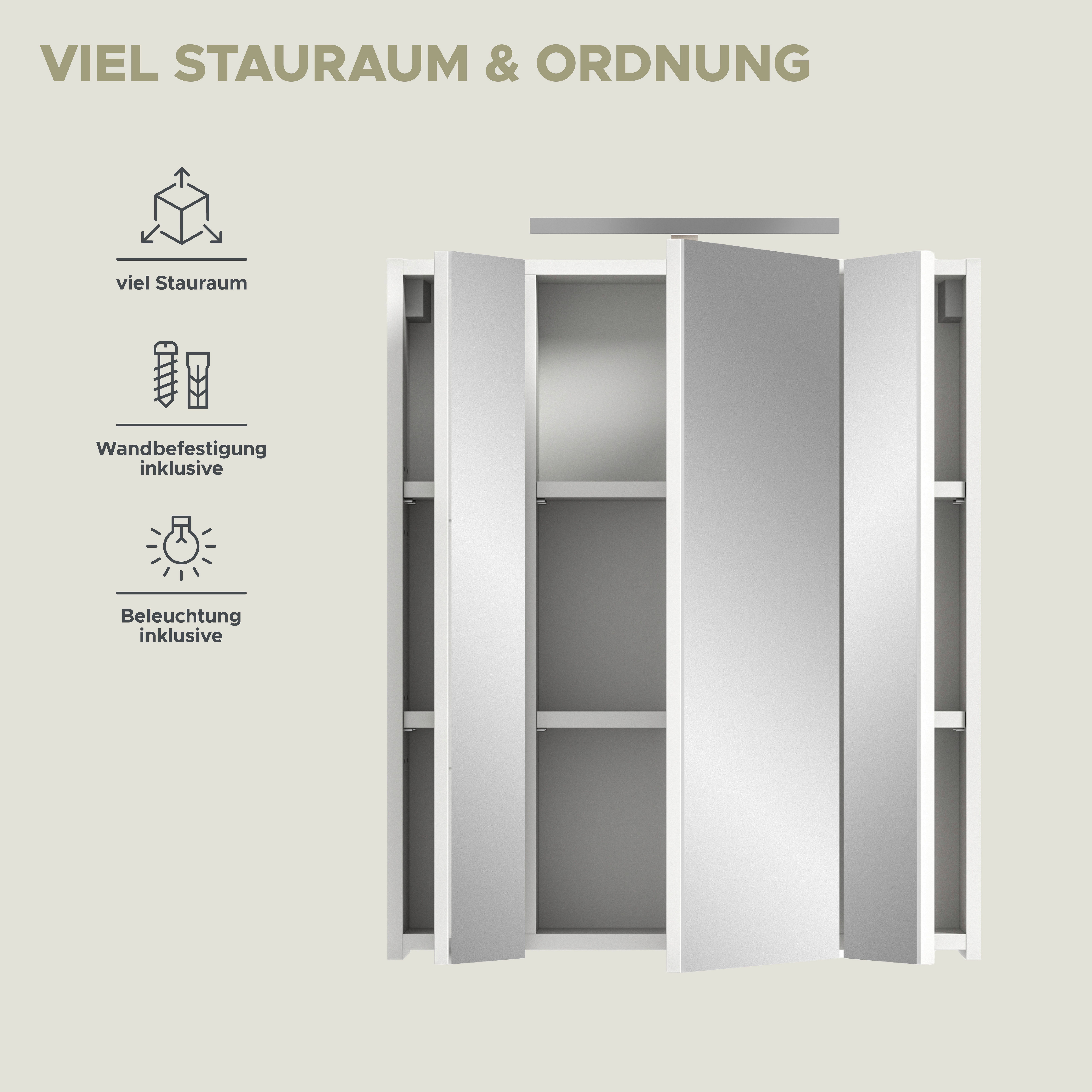 INOSIGN Badkamerspiegelkast Malmö, breedte 60 cm, incl. LED verlichting, 3 spiegeldeuren, 9 vakken in verschillende kleuren verkrijgbaar, badkamermeubels, spiegel, badkamerkast, badkamer (set)
