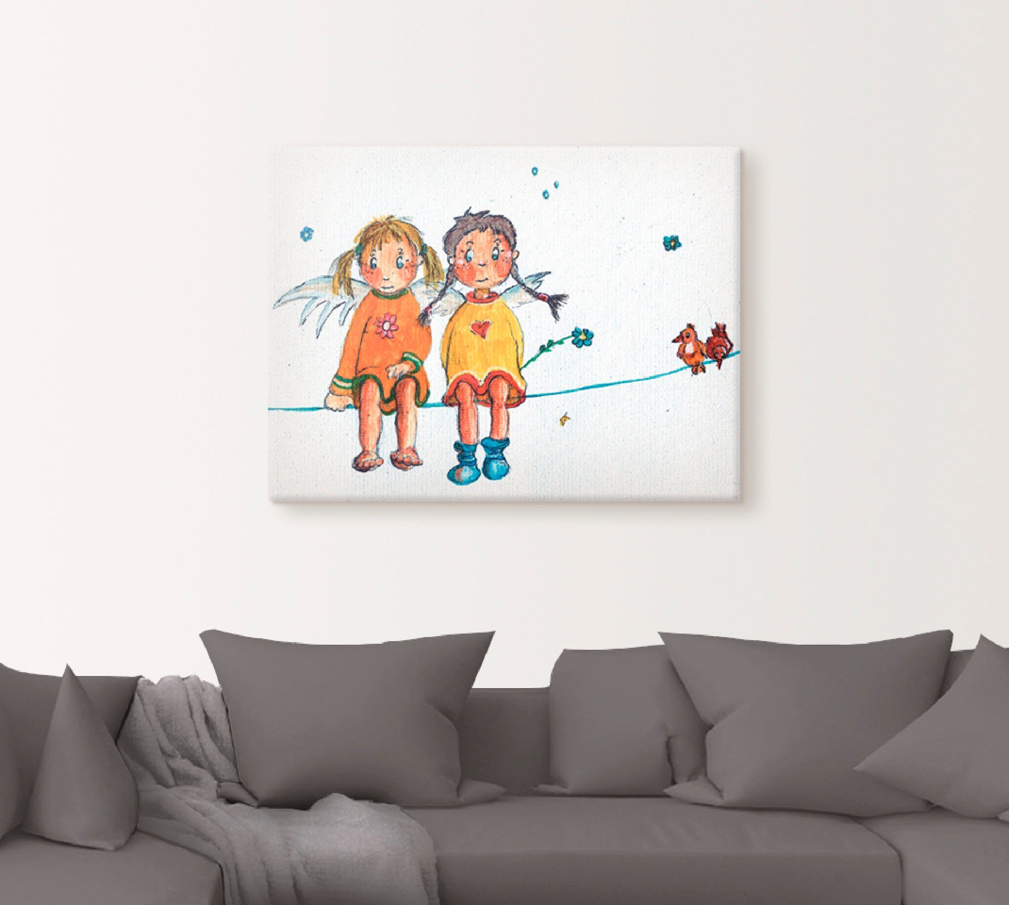 Artland Artprint Twee engeltjes zitten op de waslijn als artprint op linnen, muursticker in verschillende maten