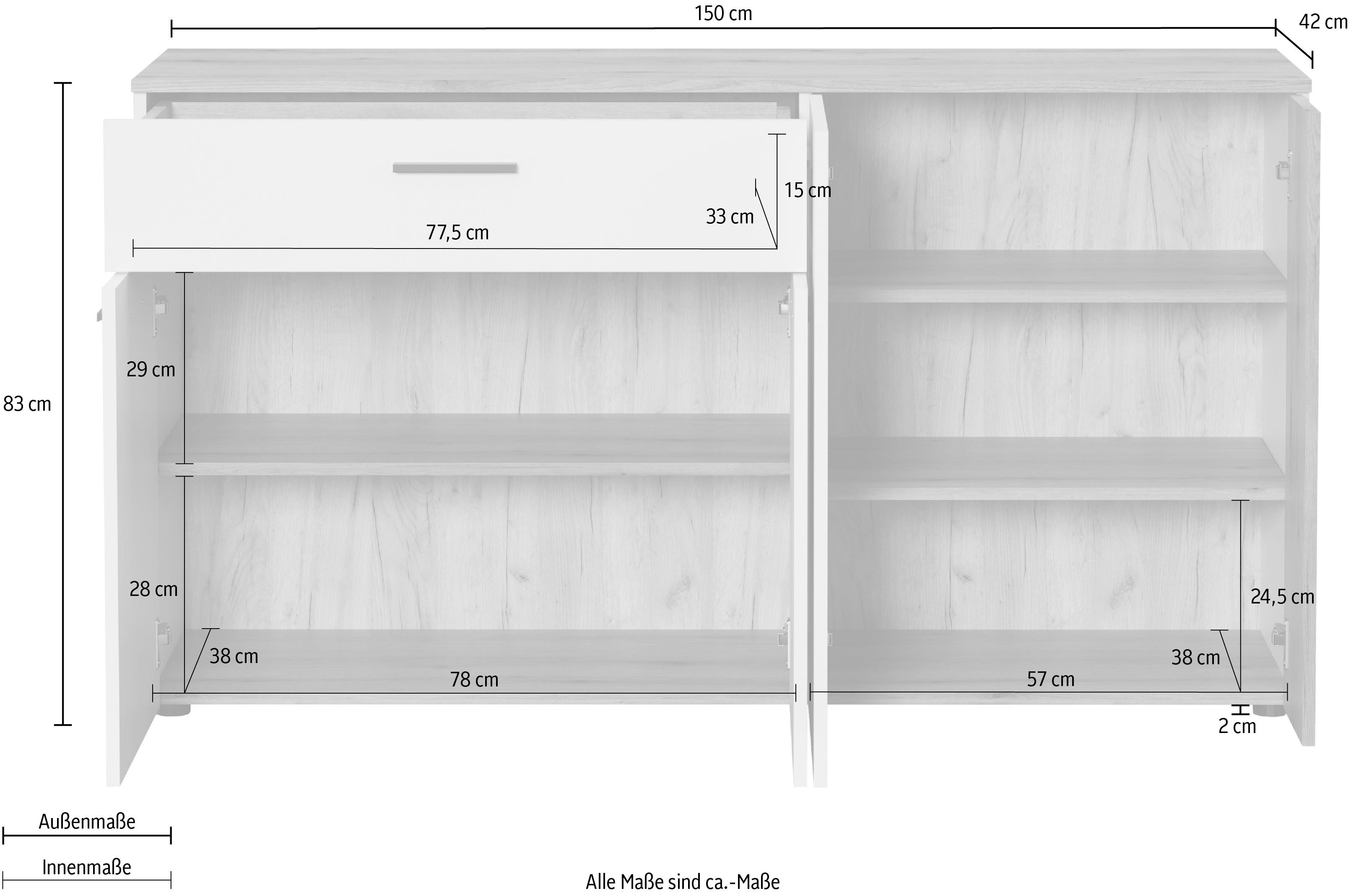INOSIGN Dressoir Linz Commode met eindhoutapplicaties - kast (B/D/H) 150/42/83 cm (1 stuk)