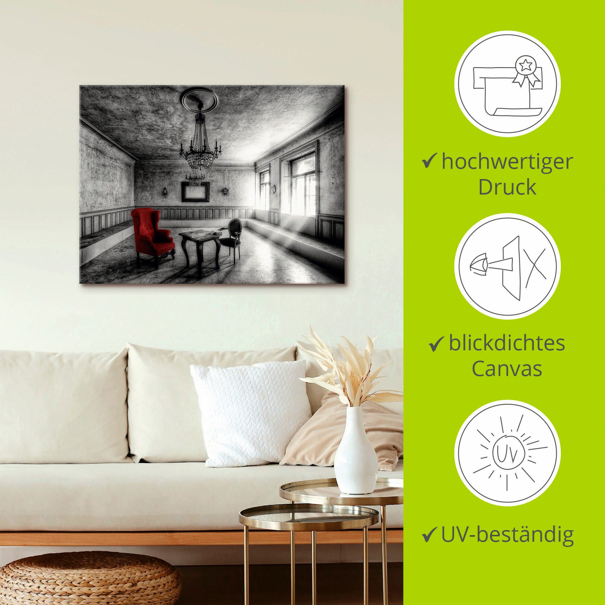 Artland Artprint Lost Place - rode fauteuil als artprint van aluminium, artprint voor buiten, artprint op linnen, poster, muursticker