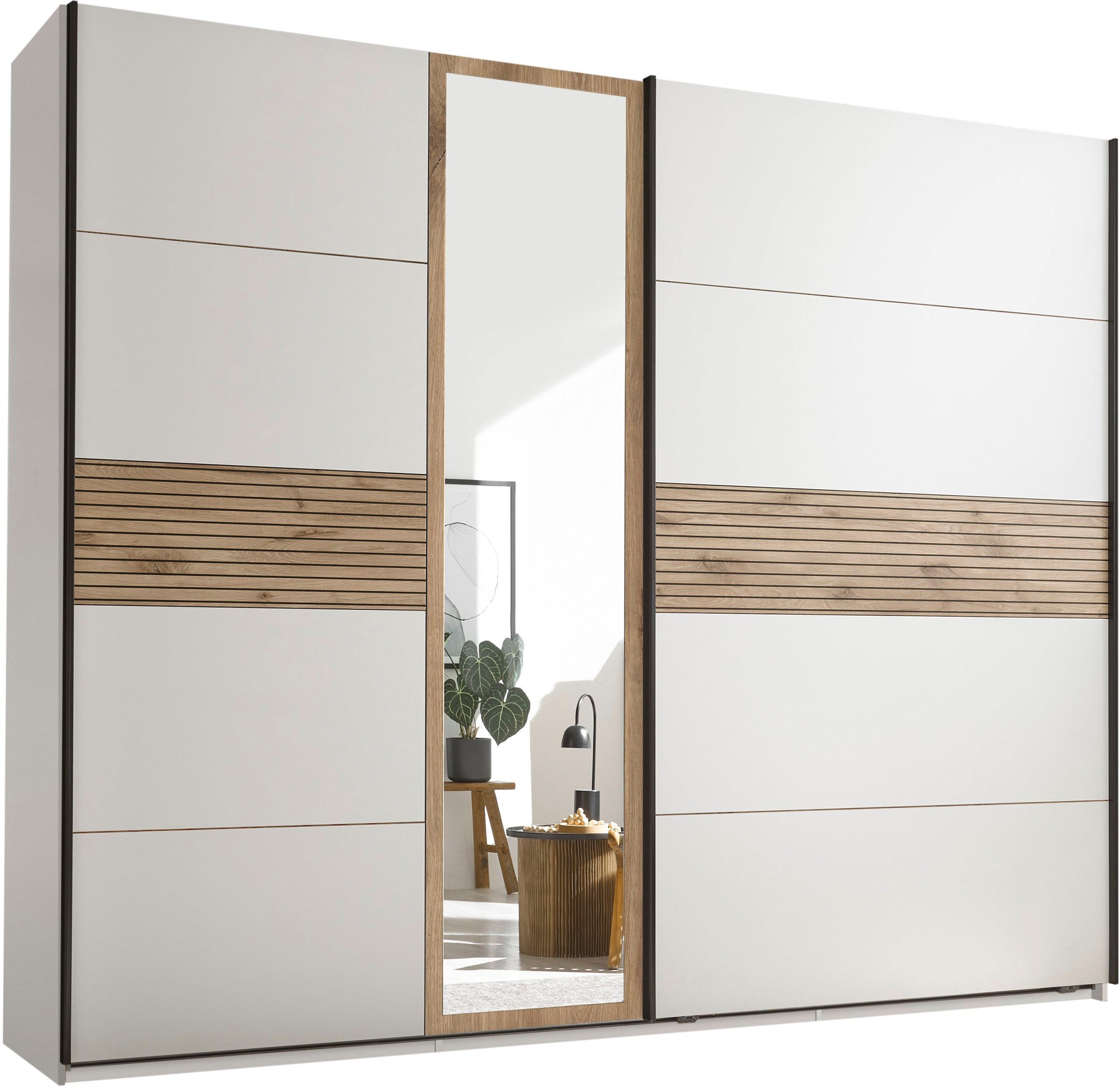 Schlafkontor Kledingkast Leo zweefdeurkast, schuifdeurkast met spiegel Accent in Viking Oak lichte ribbelstructuur en spiegel