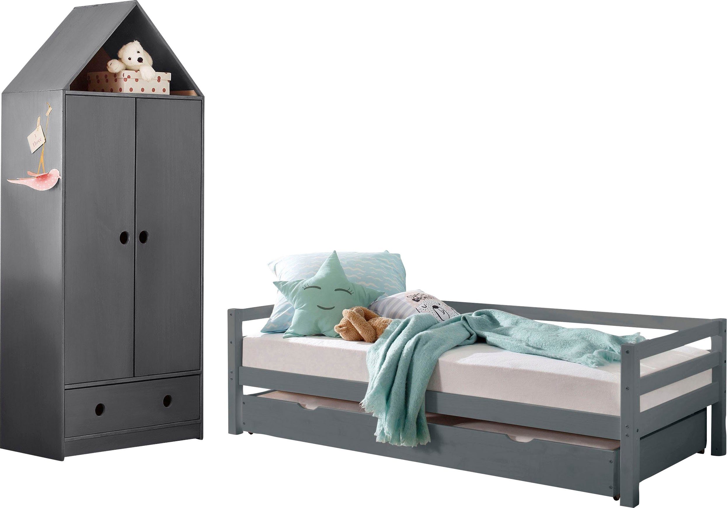 Lüttenhütt Tienerkamerset Alpi Daybed met 2e ligoppervlak + kledingkast in huisstijl, ruimtebesparend (voordeelset) complete kinderkamers grijs