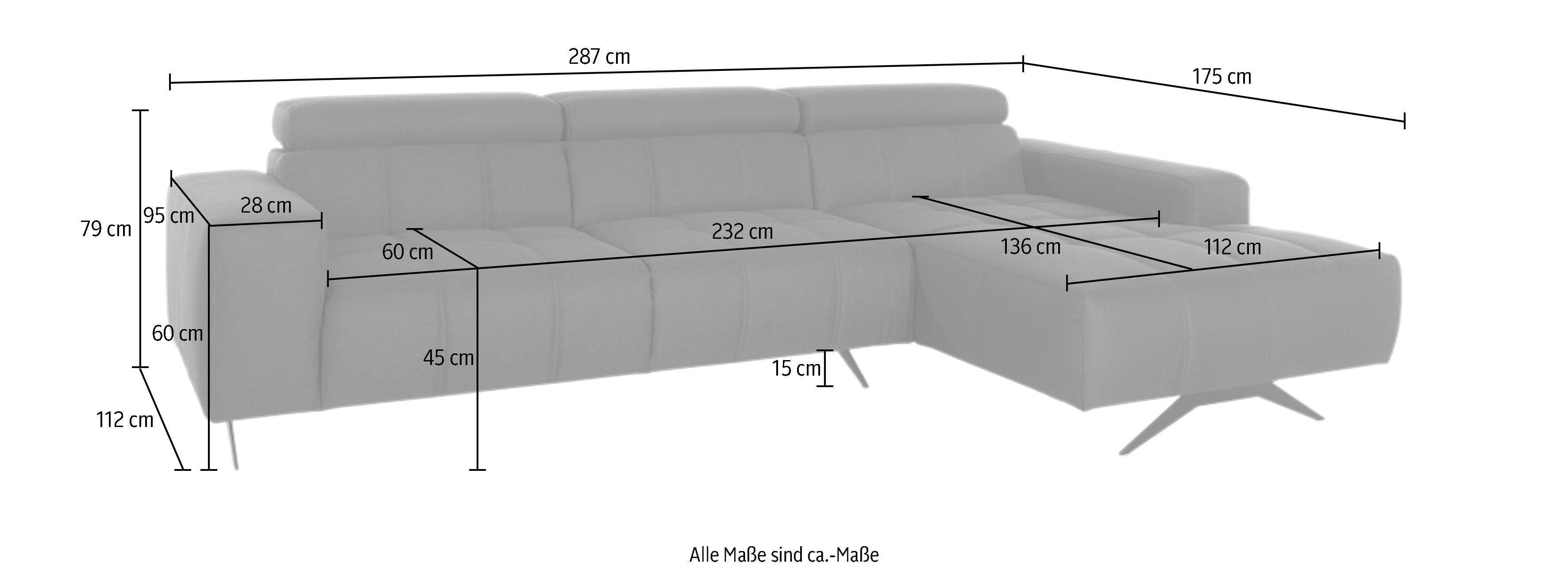 DOMO collection Hoekbank Trento L-vorm, met sledevoet of enkele voet naar keuze met verstelbare hoofdsteun, récamier links/rechts bestelbaar