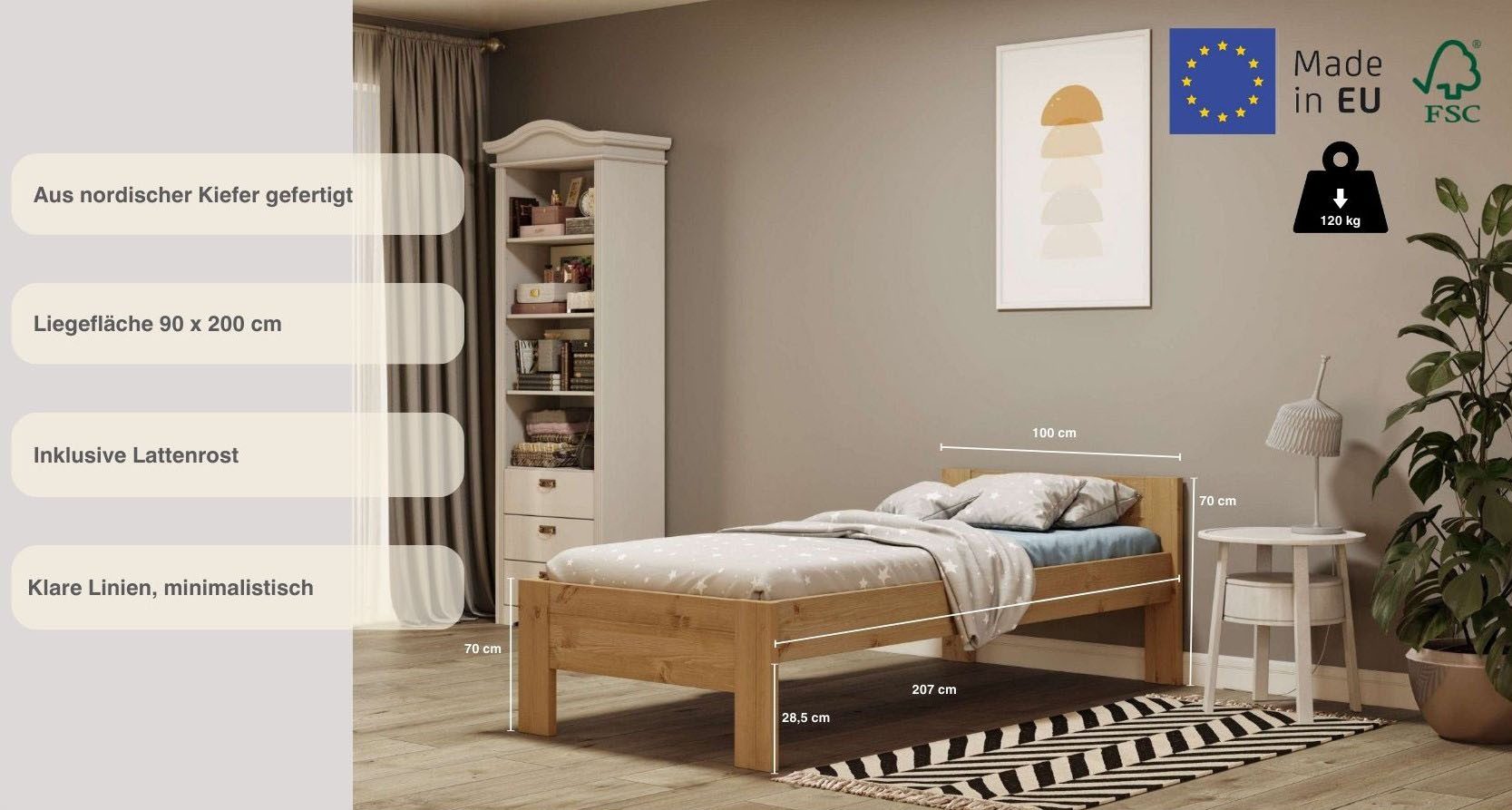 Home affaire Massief houten ledikant Hero, hoge belasting, FSC®-gecertificeerd grenen van massief grenen, inclusief lattenbodem, tijdloos ontwerp