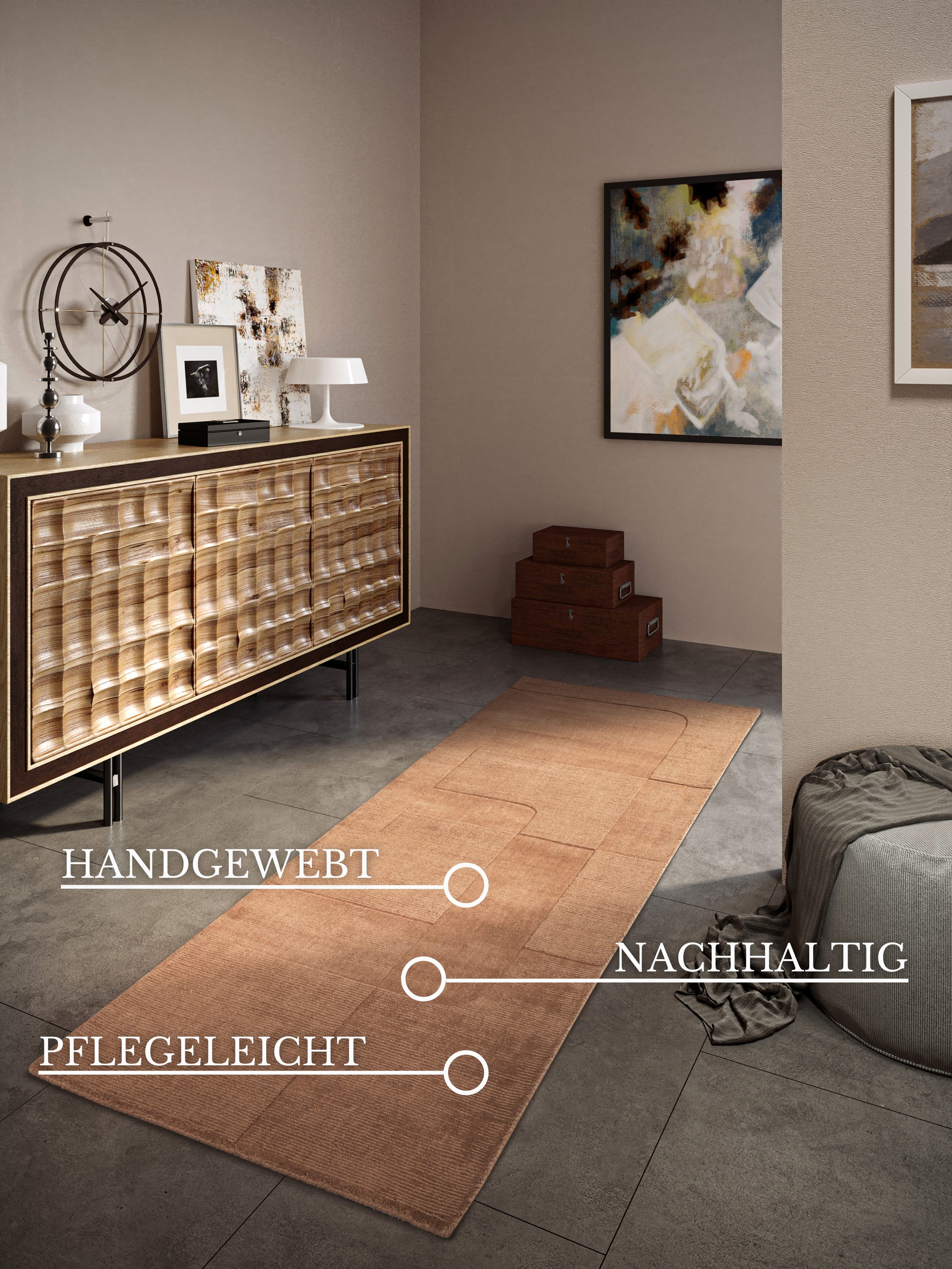 Villeroy & Boch Wollen kleed Charlotte Loper, handgeweven, wol, natuur, loper, woonkamer, geometrie