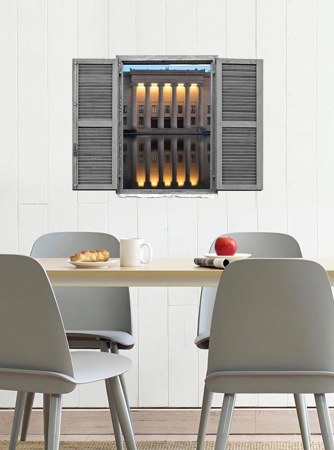 queence Wandfolie Gebouw voor het water Muursticker, muurdecoratie, zelfklevend, 3D, raam (1 stuk)