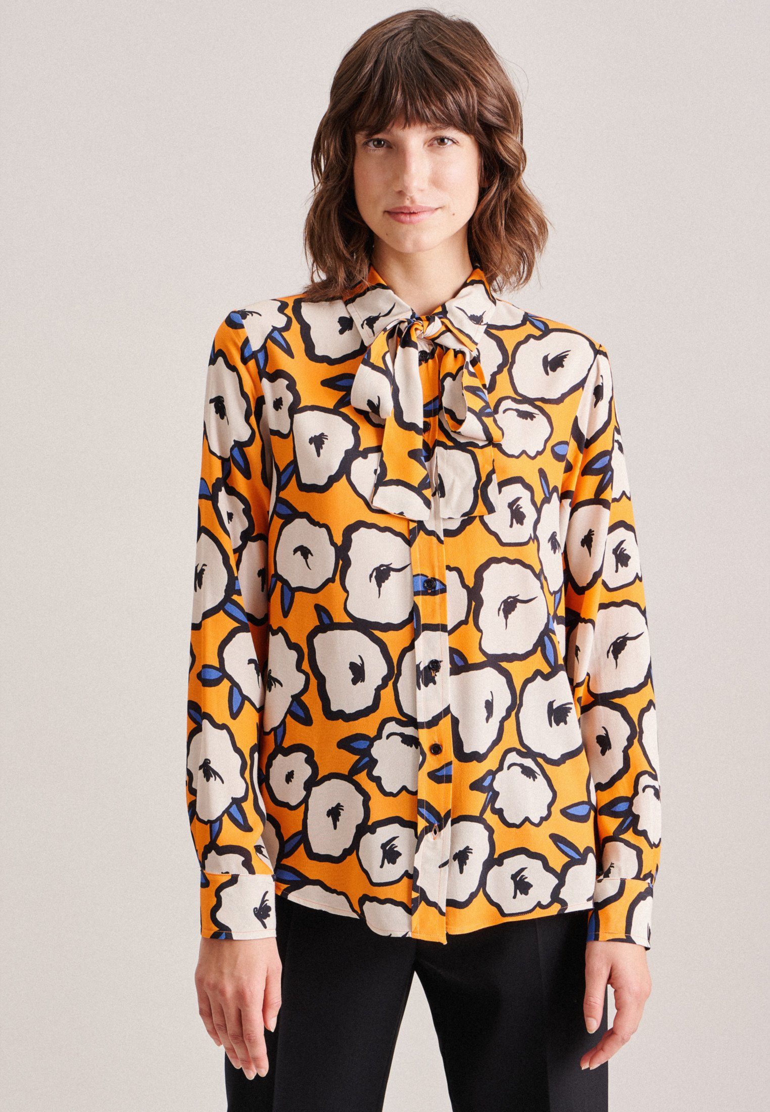 seidensticker Blouse met kraagstrik Zwarte roos Lange mouwen kraag print