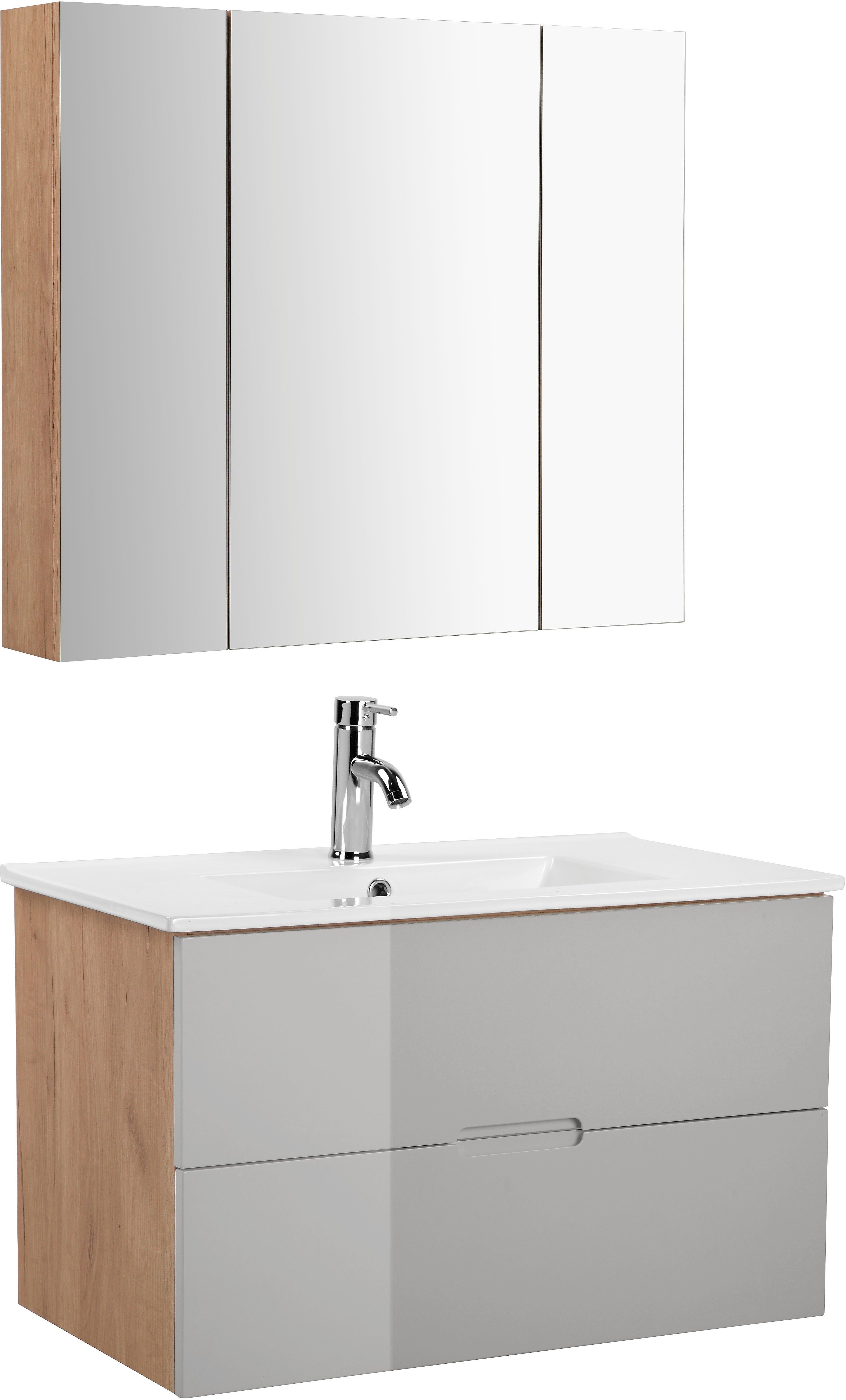 welltime Badkamerserie Lund badkamermeubelset badkamerkast badkamerset Wastafelonderkast, spiegelkast en bekken breedte 80 cm (complete set, 3-delig)