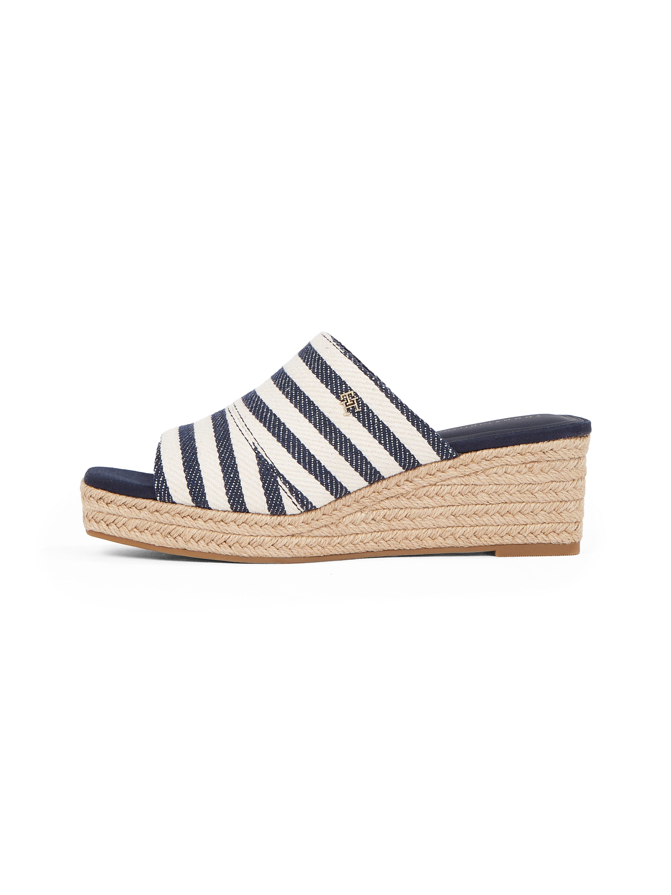Tommy Hilfiger Slippers NAUTICAL STRIPES ESPADRILLE MULE , sleehak, zomerschoen in modieuze streep-look dames sandaaltjes maat 39 blauw