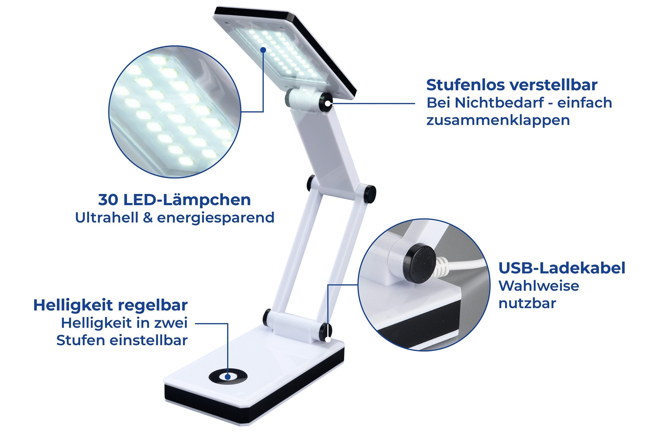WENKO Led-bureaulamp Opvouwbaar LED lamp, werklicht, USB-poort of batterijvoeding (1 stuk)