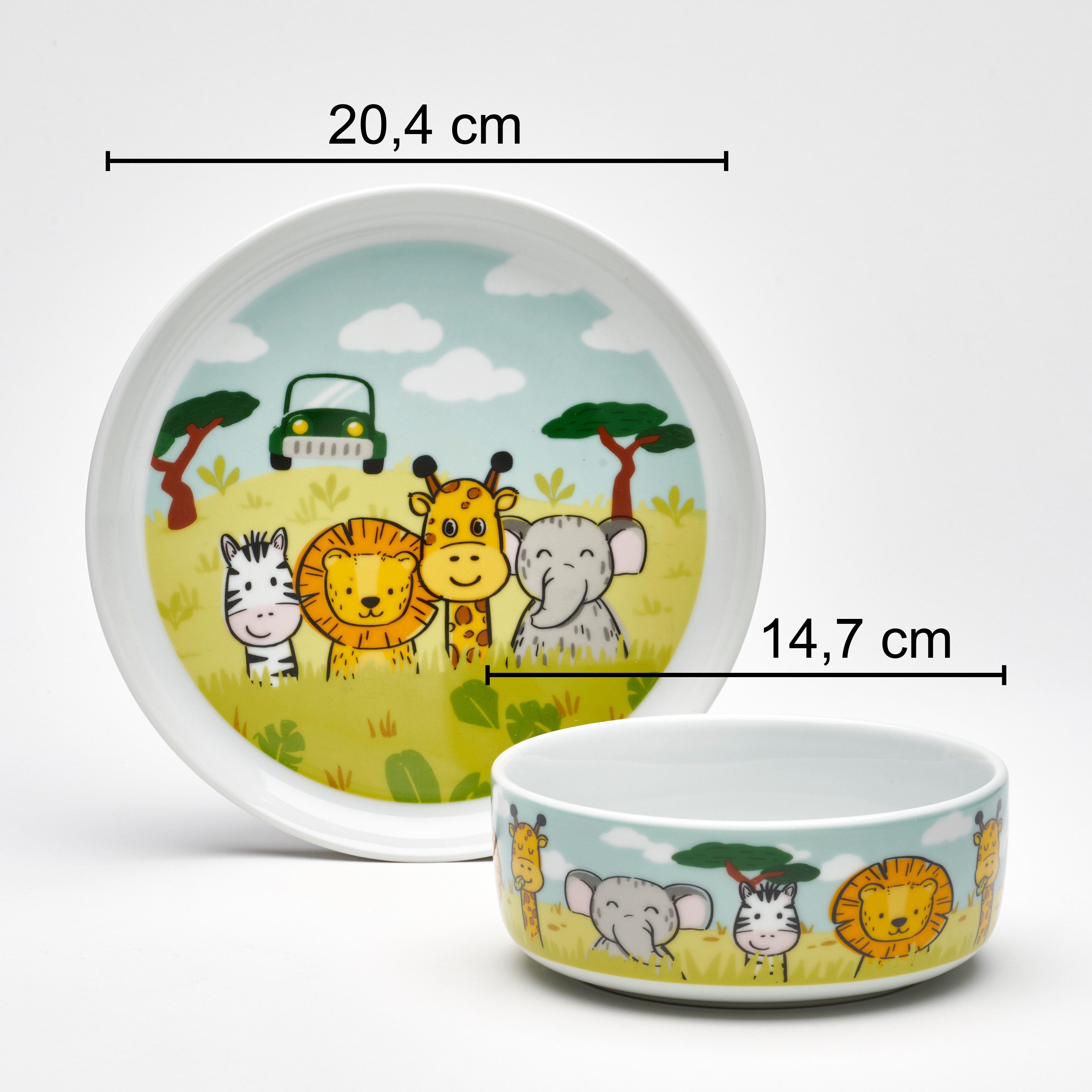 van Well Kinderservies-set Kinderset safari, 3-delig, servies-set, service met kleurrijke decor, vaatwasmachine- en magnetronbestendig (set, 3-delig)