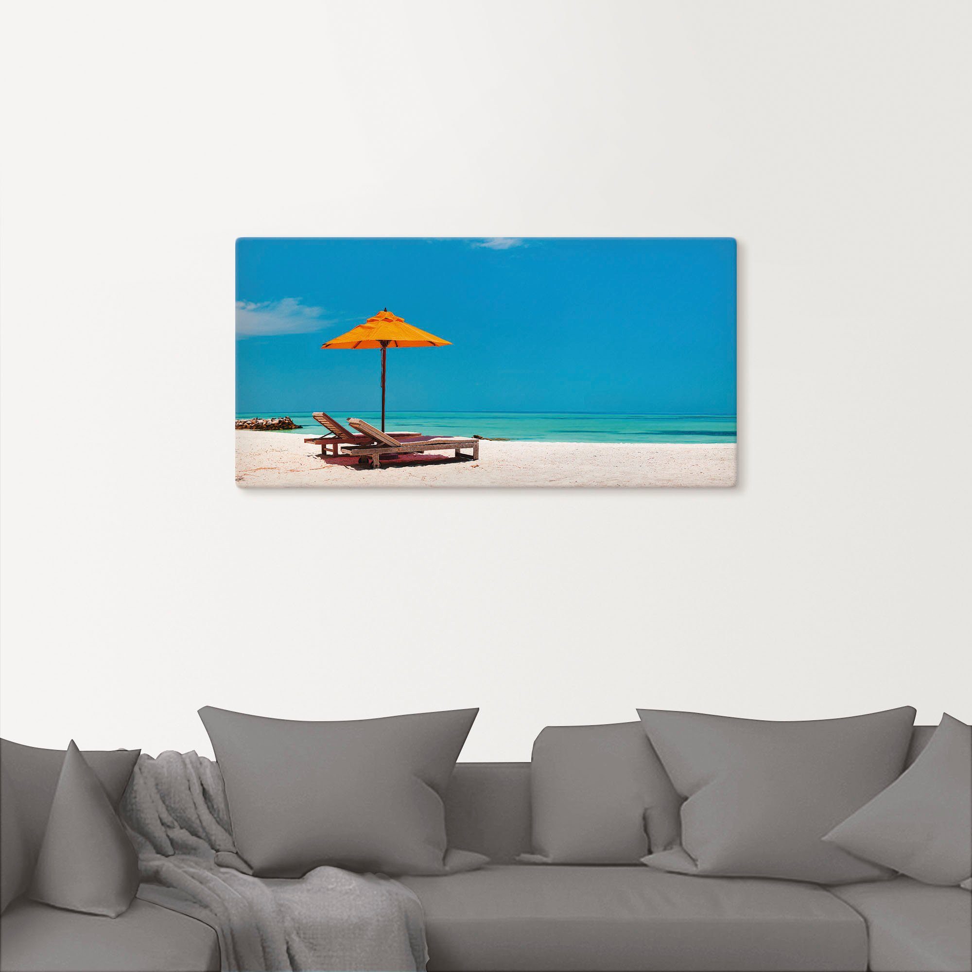 Artland Artprint Ligstoel parasol strand Malediven als artprint van aluminium, artprint voor buiten, artprint op linnen, poster, muursticker