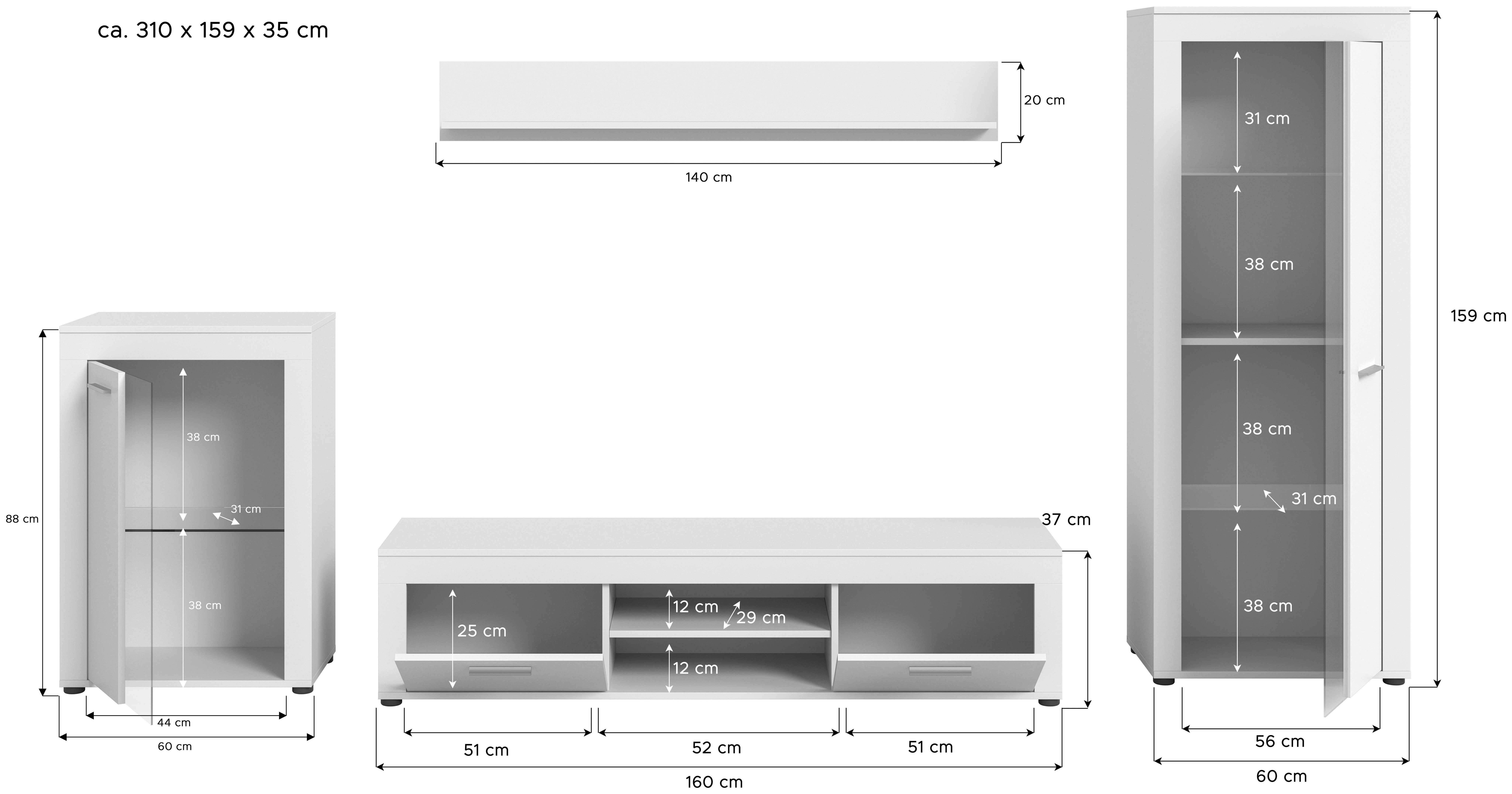 INOSIGN Wandmeubel Aosta, 4-delig, bestaande uit: vitrinekast, lowboard, wandplank & hoge vitrinekast (4-delig)