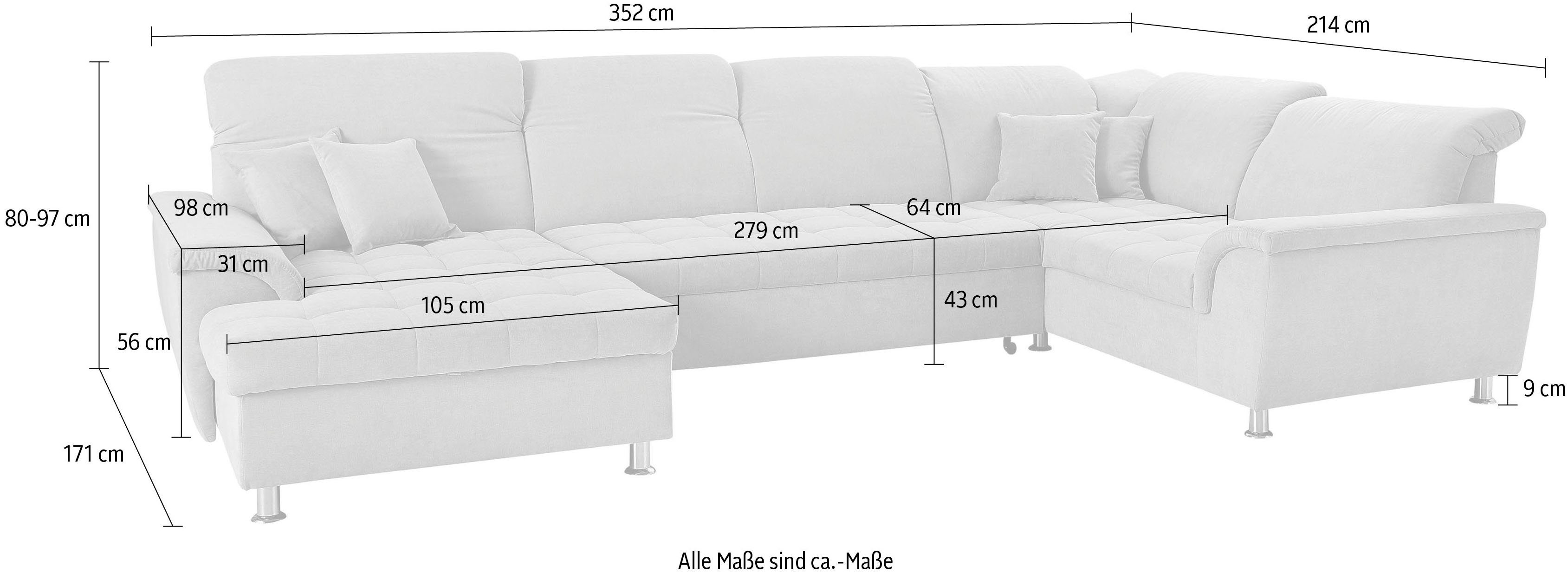 DOMO collection Zithoek Franzi optioneel met hoofdeindeverstelling, slaapfunctie, bedlade in xxl-formaat b/d/h: 352x214x80 cm , stiksels in de zitting, u-model