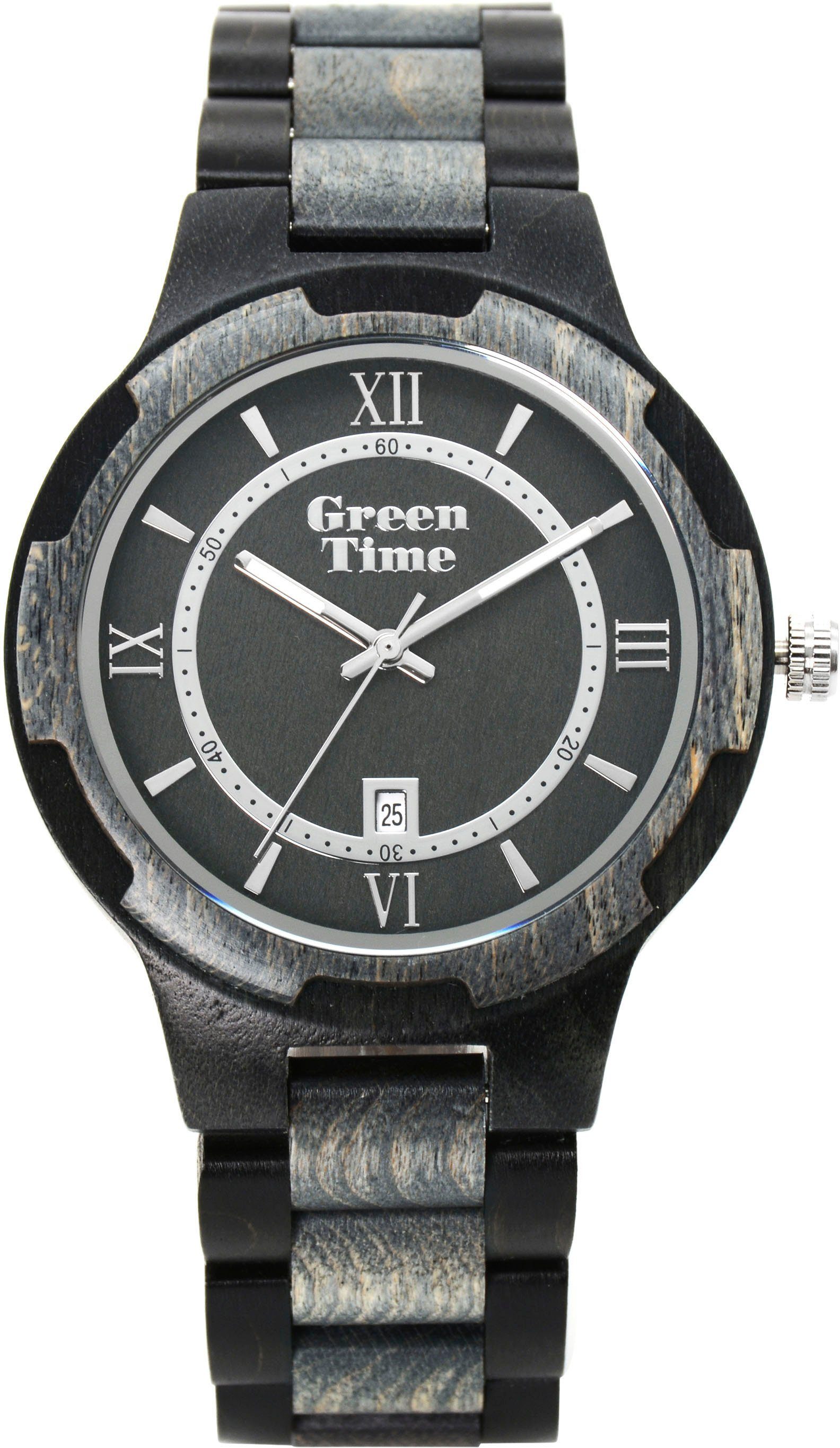 GreenTime Kwartshorloge ZW155C Polshorloge, herenhorloge, houten horloge, lichtgevende wijzers,...